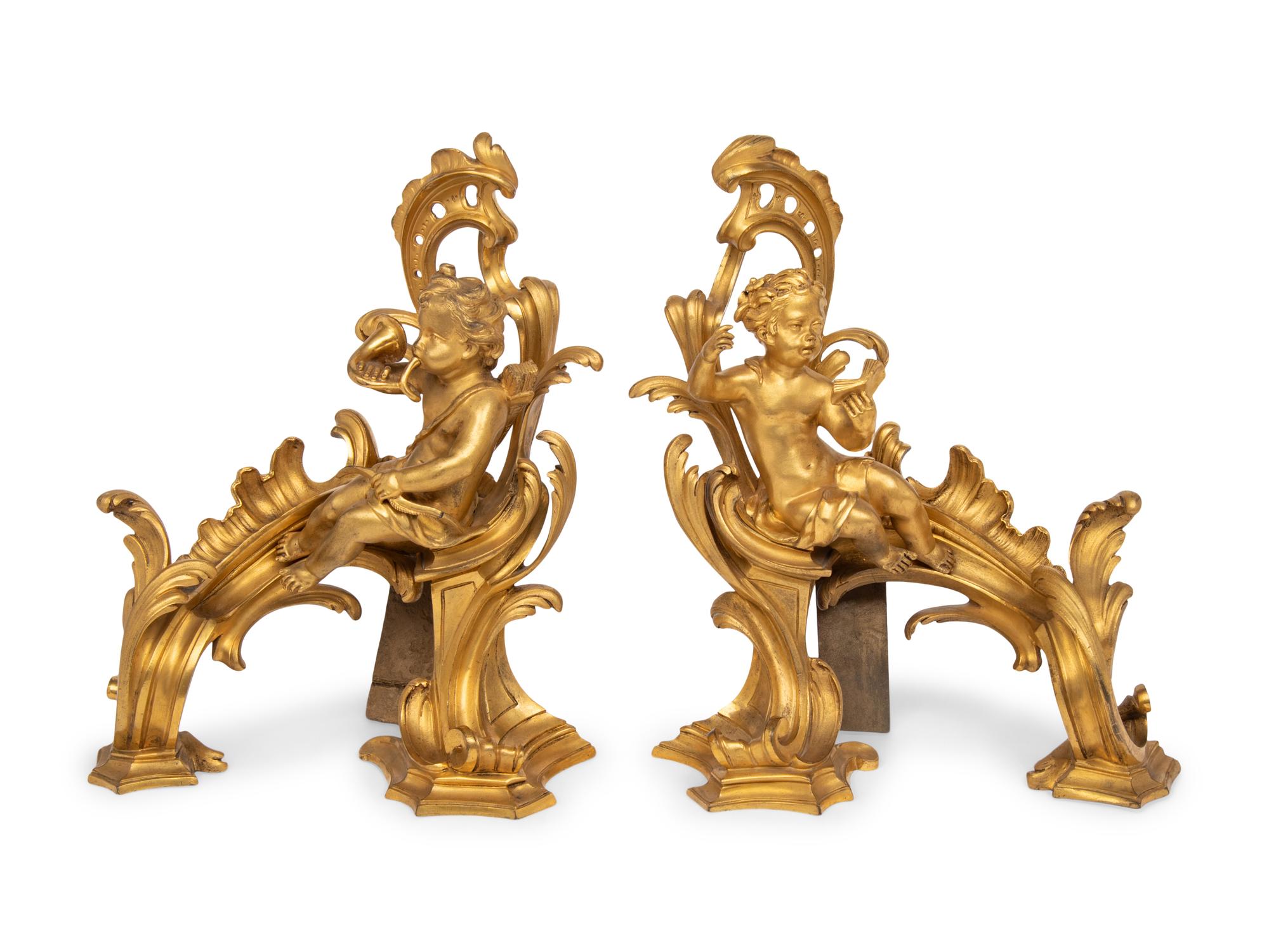 A Pair of Louis XV Style Gilt-Bronze Chenets