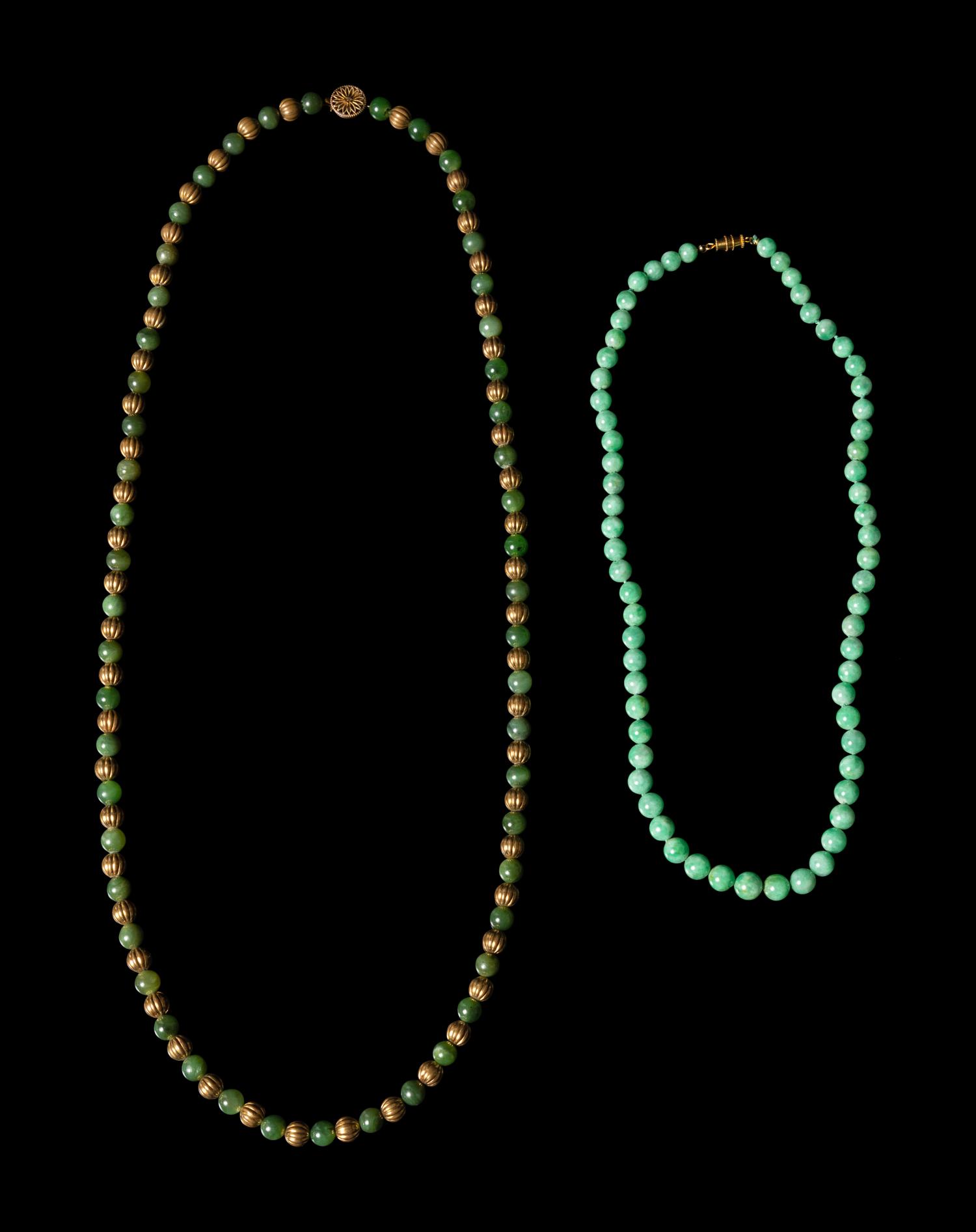 Two Chinese Jadeite Beaded Necklaces