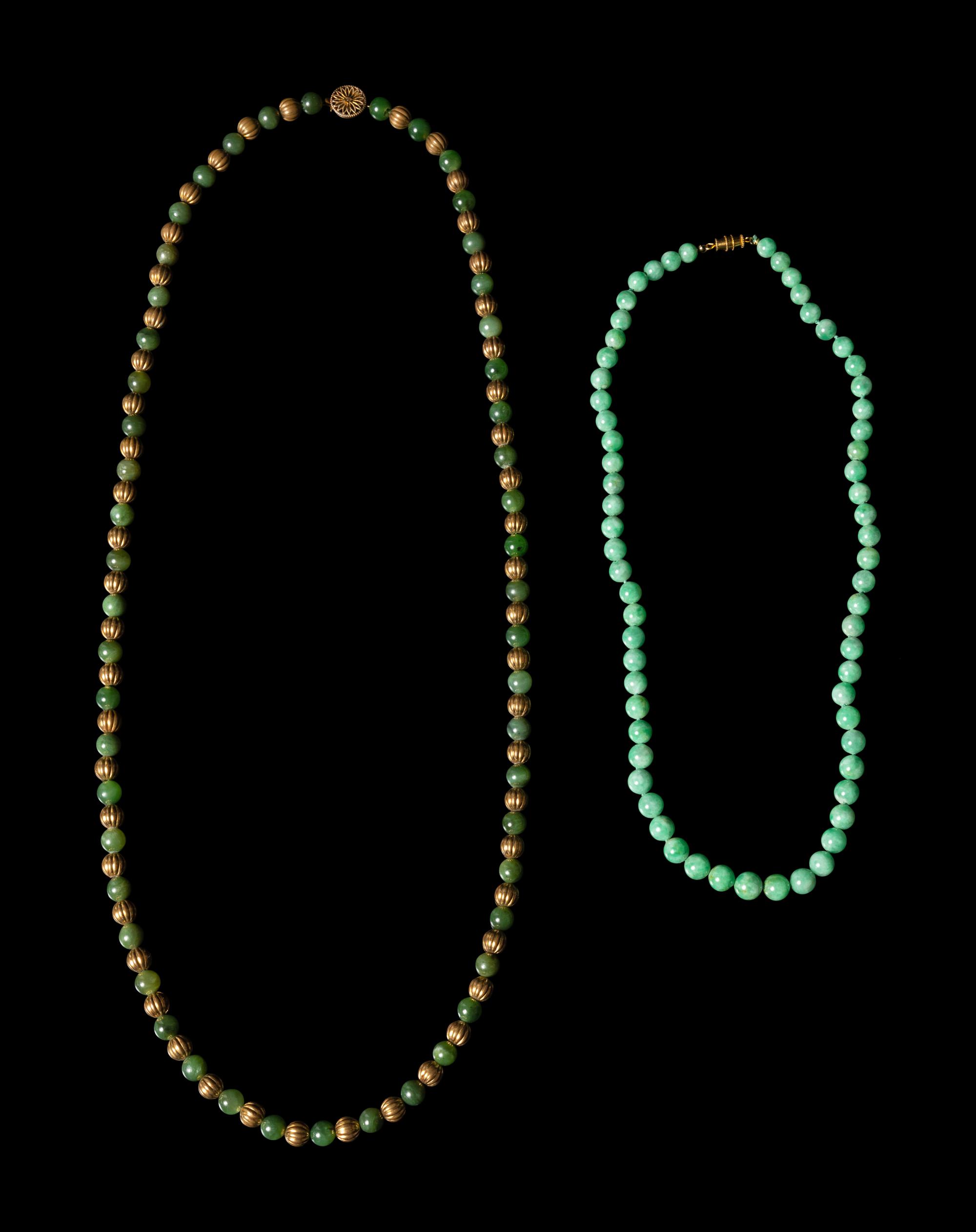 Two Chinese Jadeite Beaded Necklaces