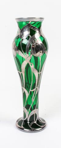A Silver Overlay Glass Vase Height 12 inches. — EARLY 20TH CENTURY