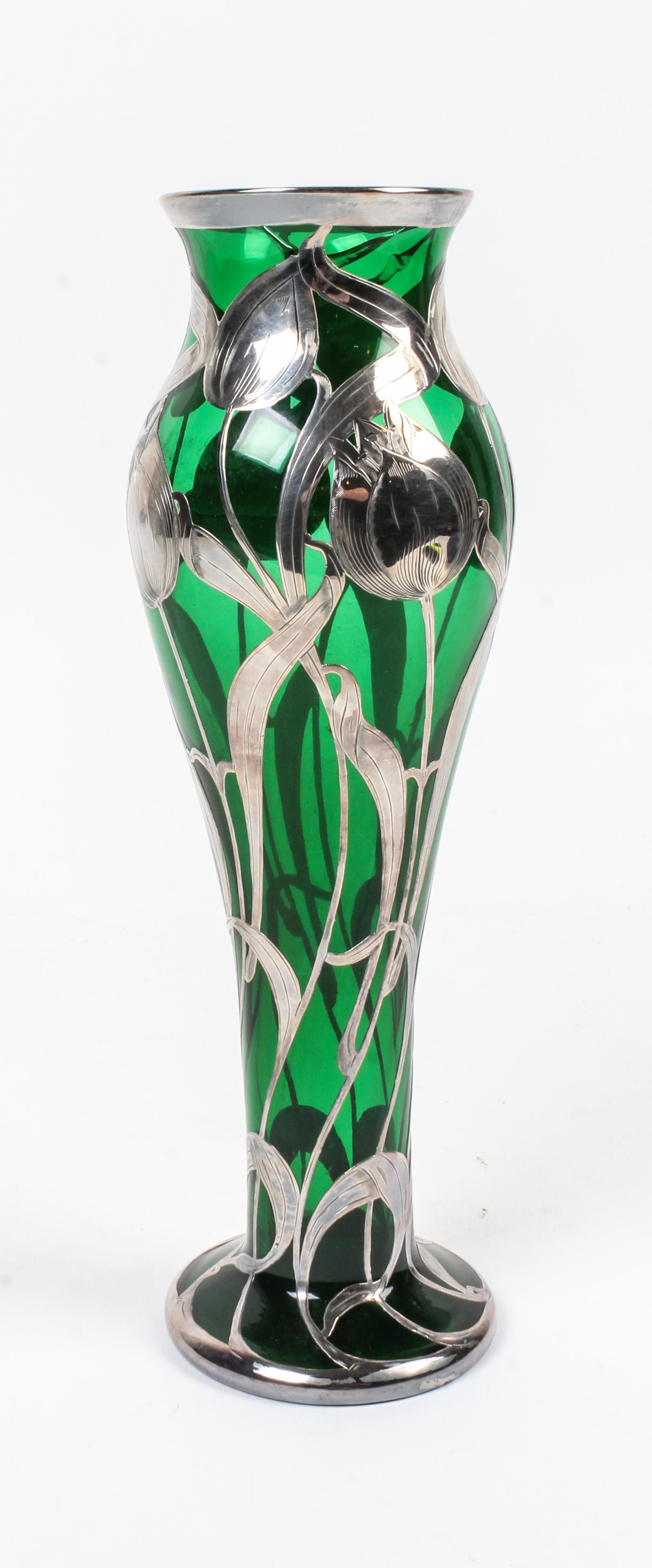 A Silver Overlay Glass Vase Height 12 inches. — EARLY 20TH CENTURY
