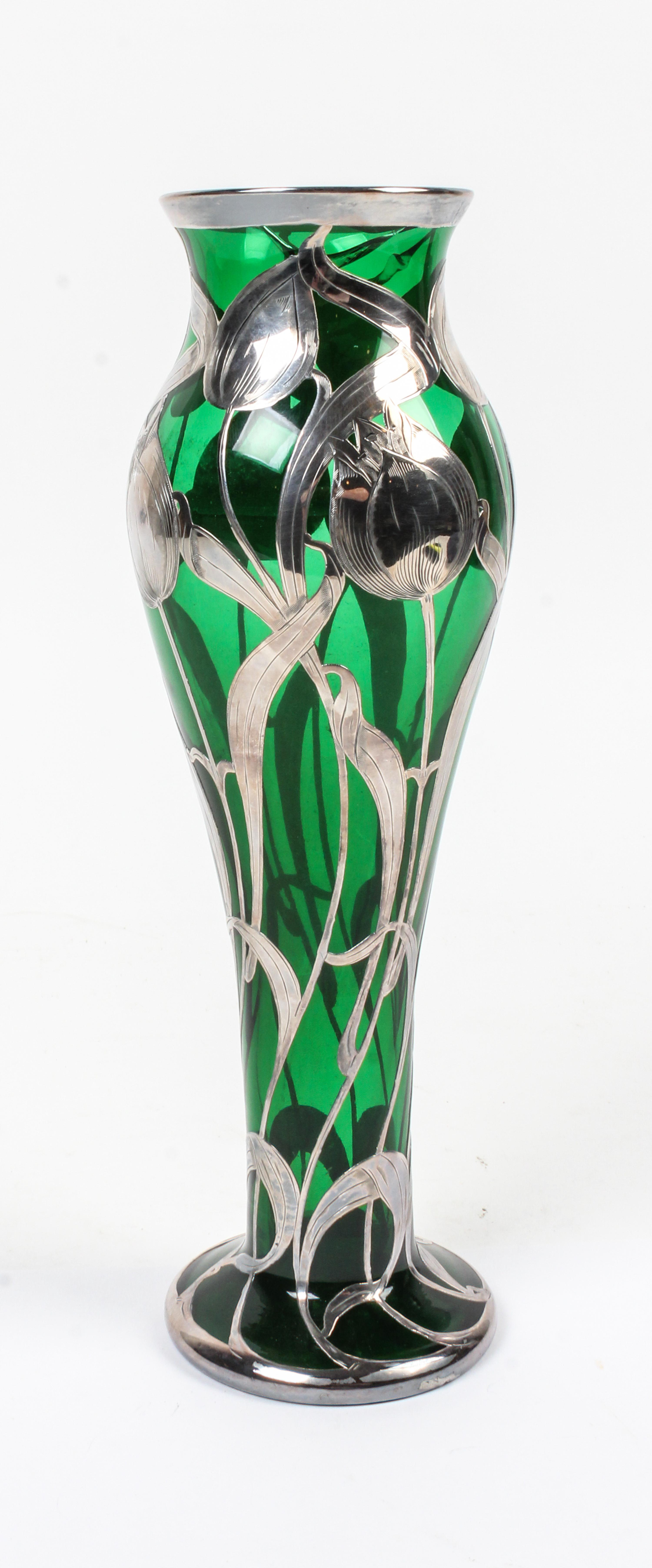 A Silver Overlay Glass Vase Height 12 inches. — EARLY 20TH CENTURY