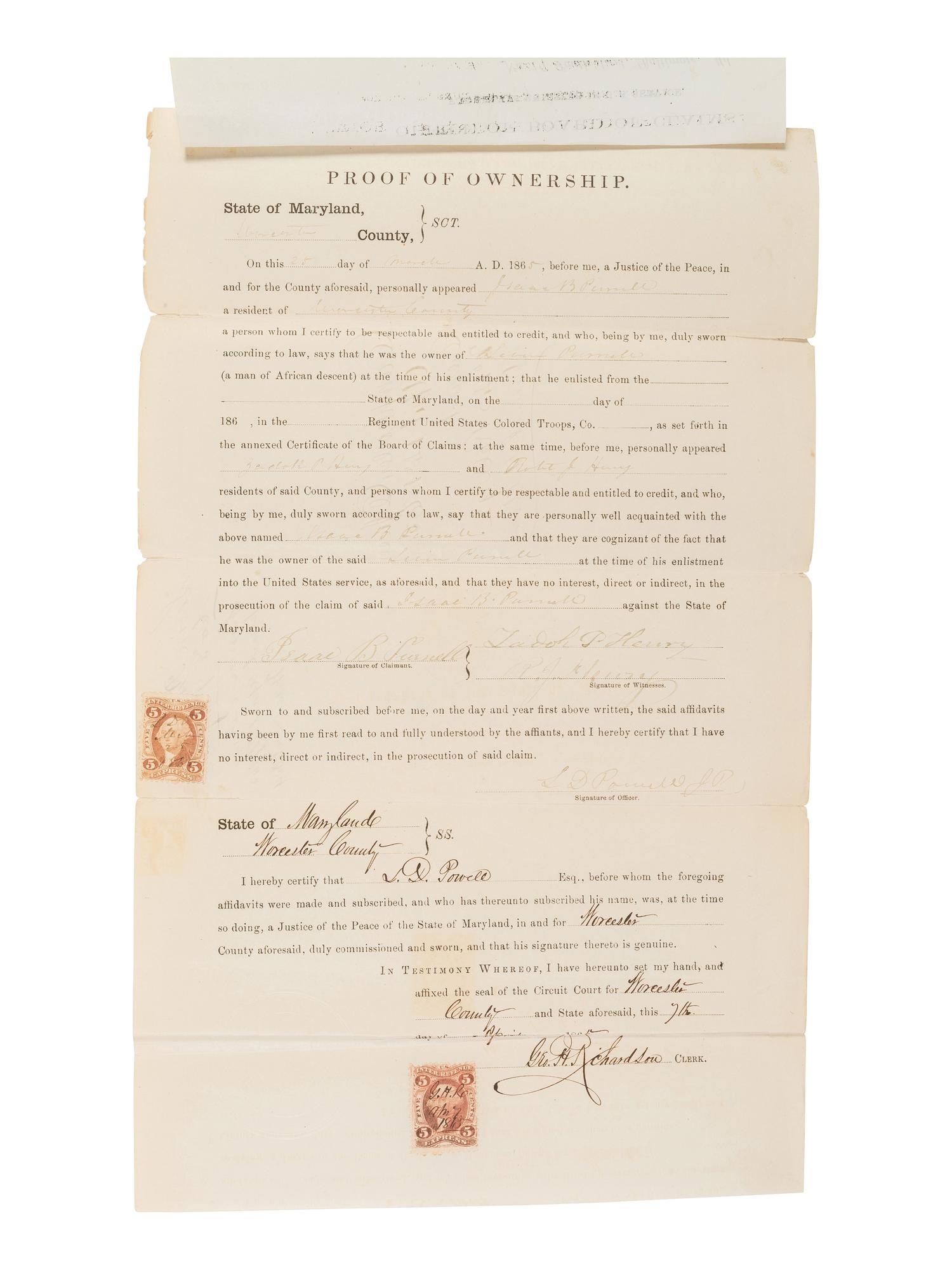 [ENSLAVEMENT & ABOLITION]. Maryland deed of manumission for Levin Purnell, an enslaved man who enlisted in the 9th United States Colored Troops. 1864.