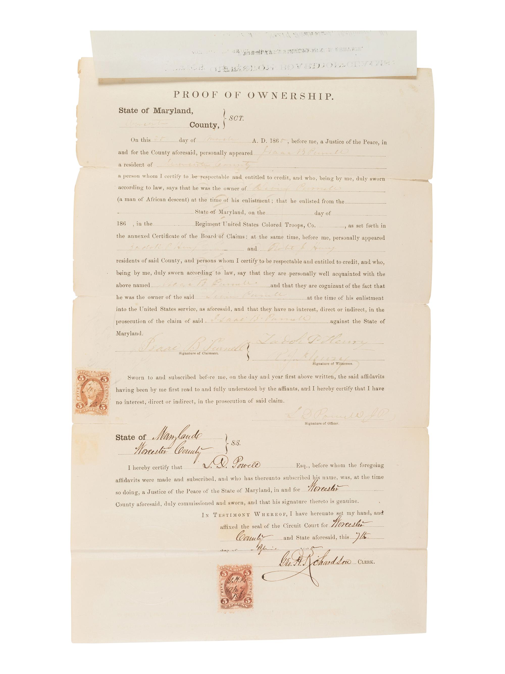 [ENSLAVEMENT & ABOLITION]. Maryland deed of manumission for Levin Purnell, an enslaved man who enlisted in the 9th United States Colored Troops. 1864.