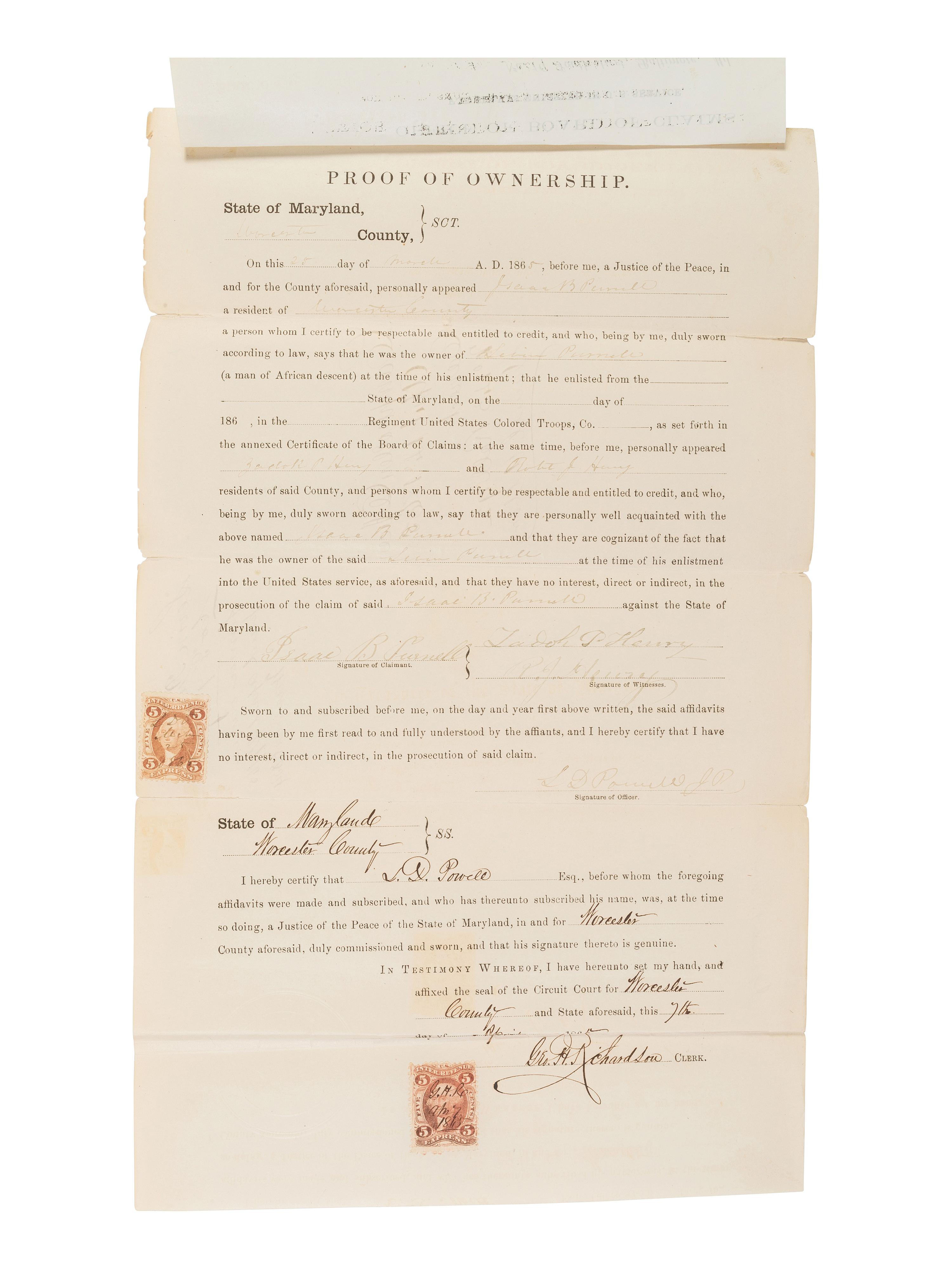 [ENSLAVEMENT & ABOLITION]. Maryland deed of manumission for Levin Purnell, an enslaved man who enlisted in the 9th United States Colored Troops. 1864.