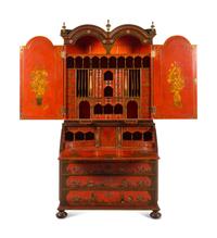 A George I Style Red, Gilt and Polychrome Japanned Bureau Cabinet