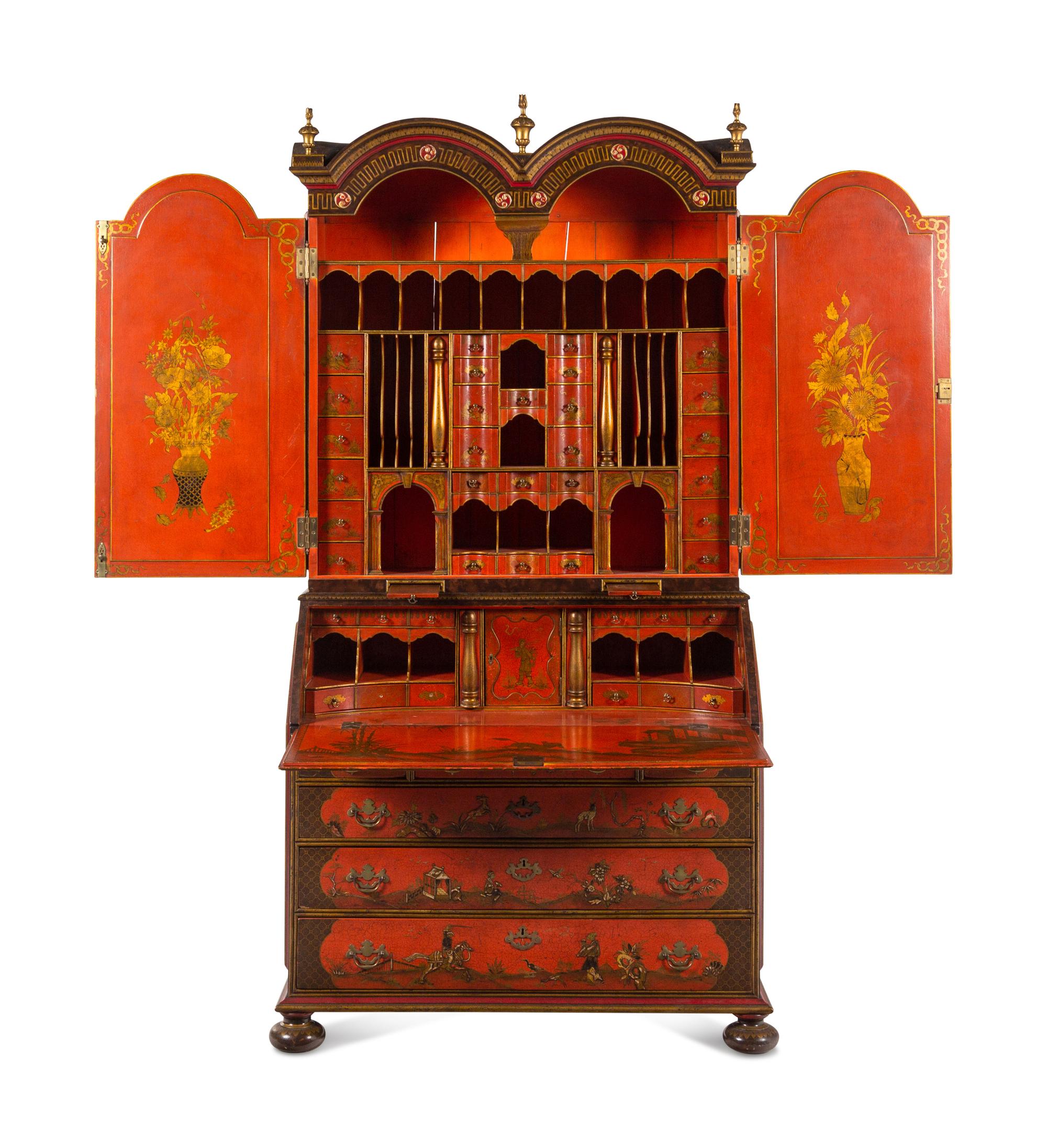 A George I Style Red, Gilt and Polychrome Japanned Bureau Cabinet