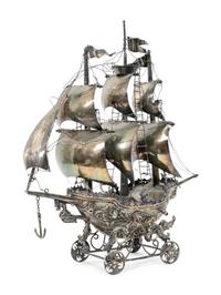 A German Silvered Metal Model of a Three-Masted Ship