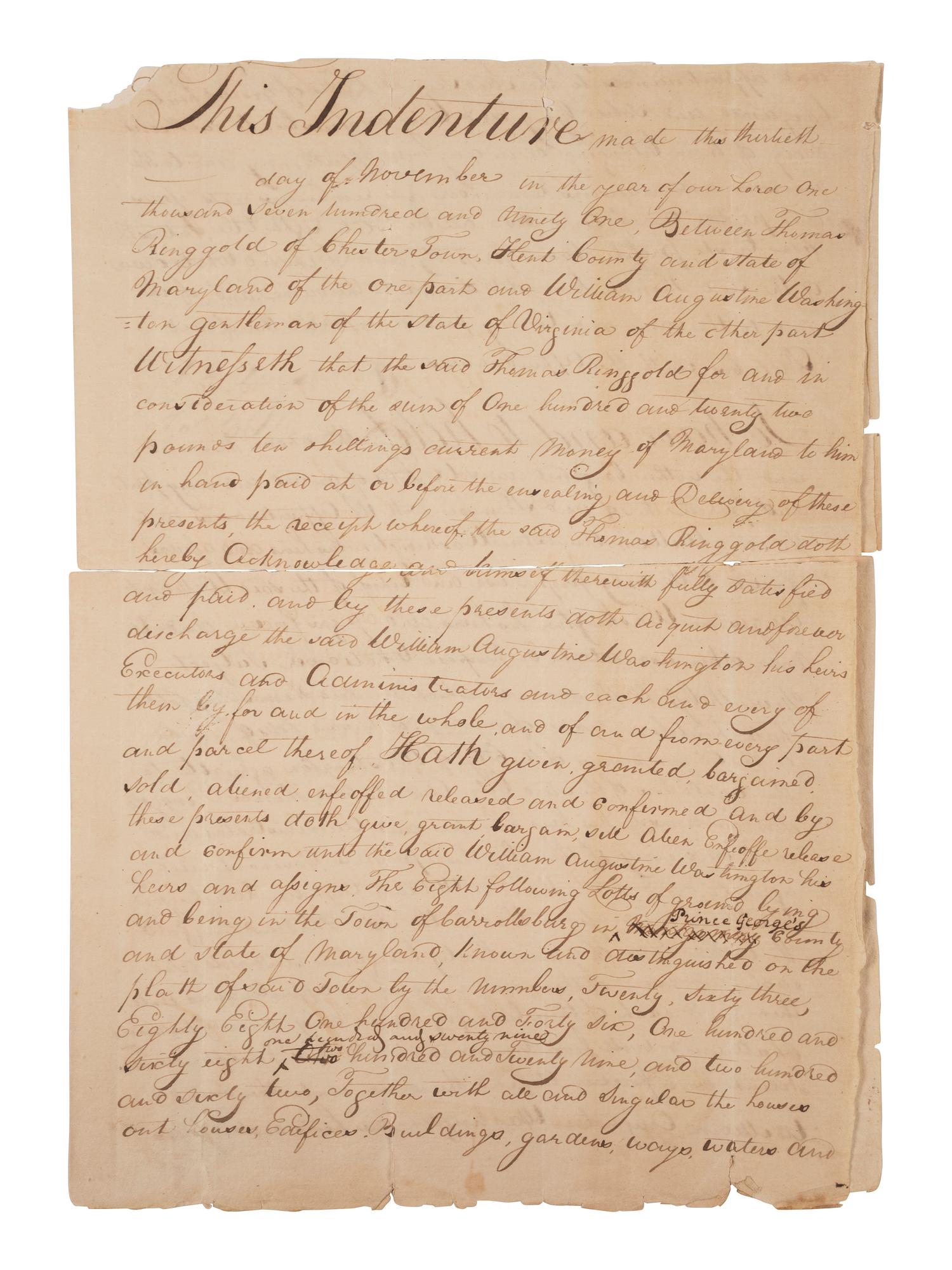[WASHINGTON, DC]. Indenture of Lands Pertaining to the Formation of the City of Washington, DC. 1791-1804.