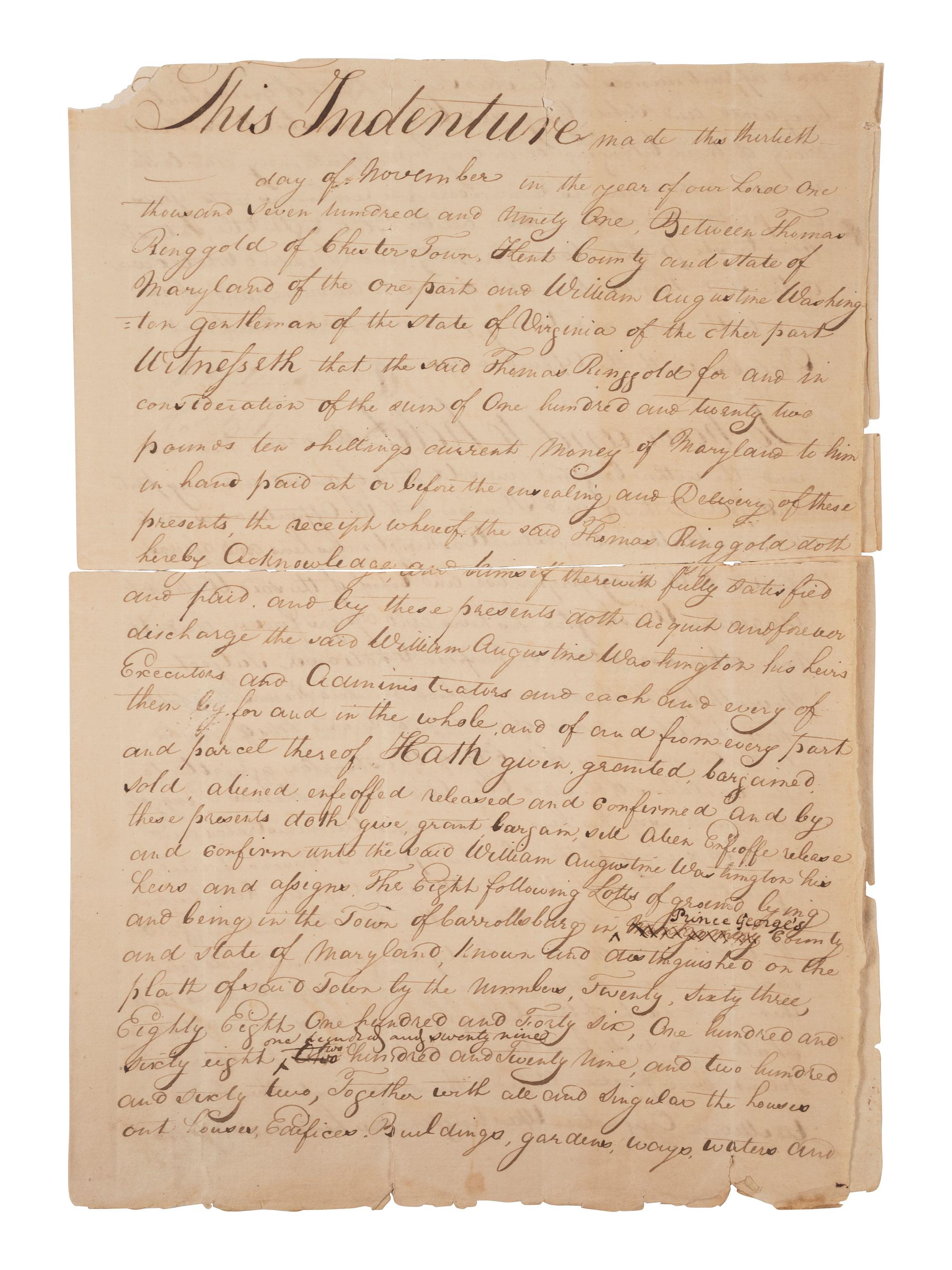 [WASHINGTON, DC]. Indenture of Lands Pertaining to the Formation of the City of Washington, DC. 1791-1804.