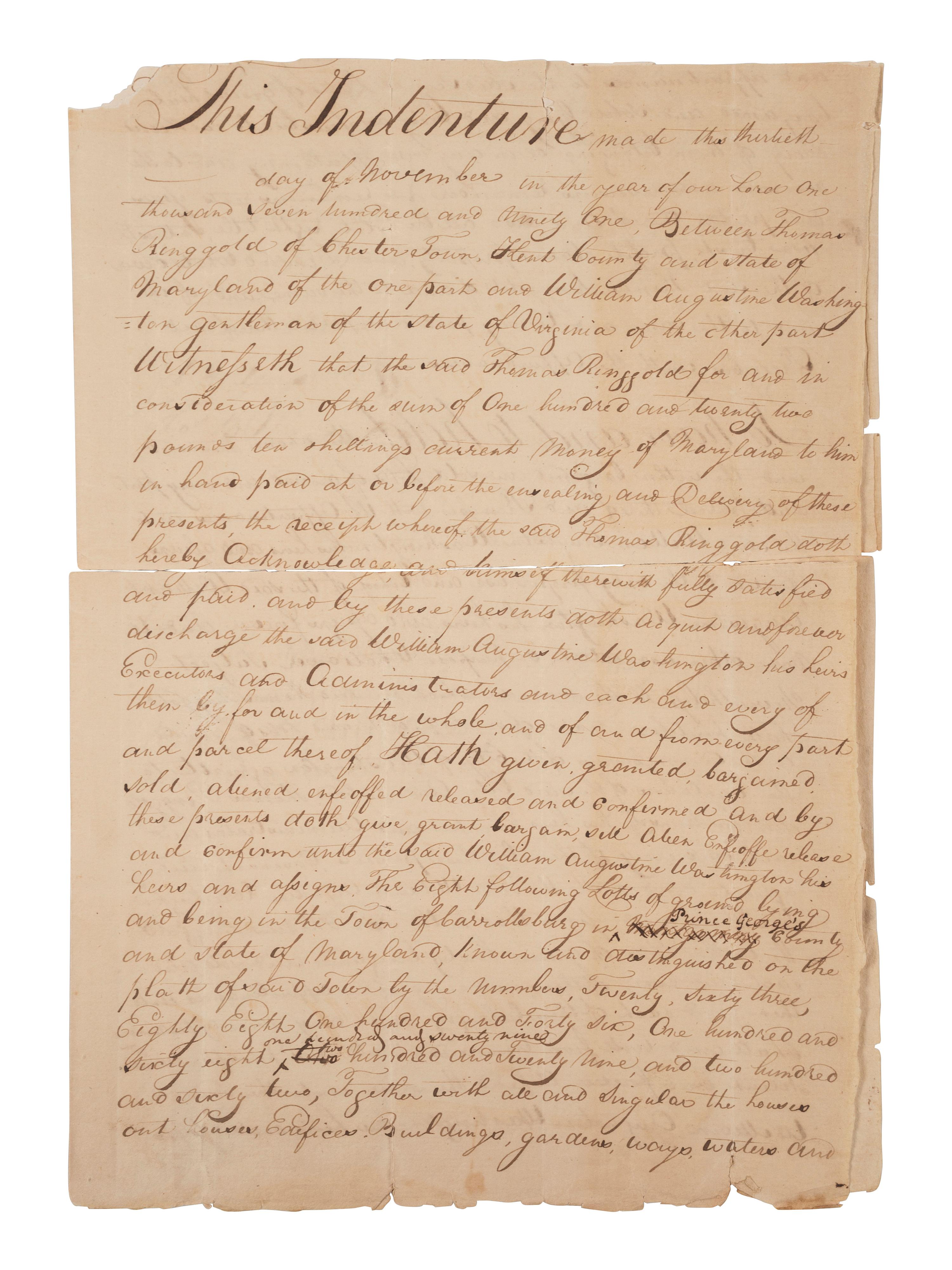 [WASHINGTON, DC]. Indenture of Lands Pertaining to the Formation of the City of Washington, DC. 1791-1804.