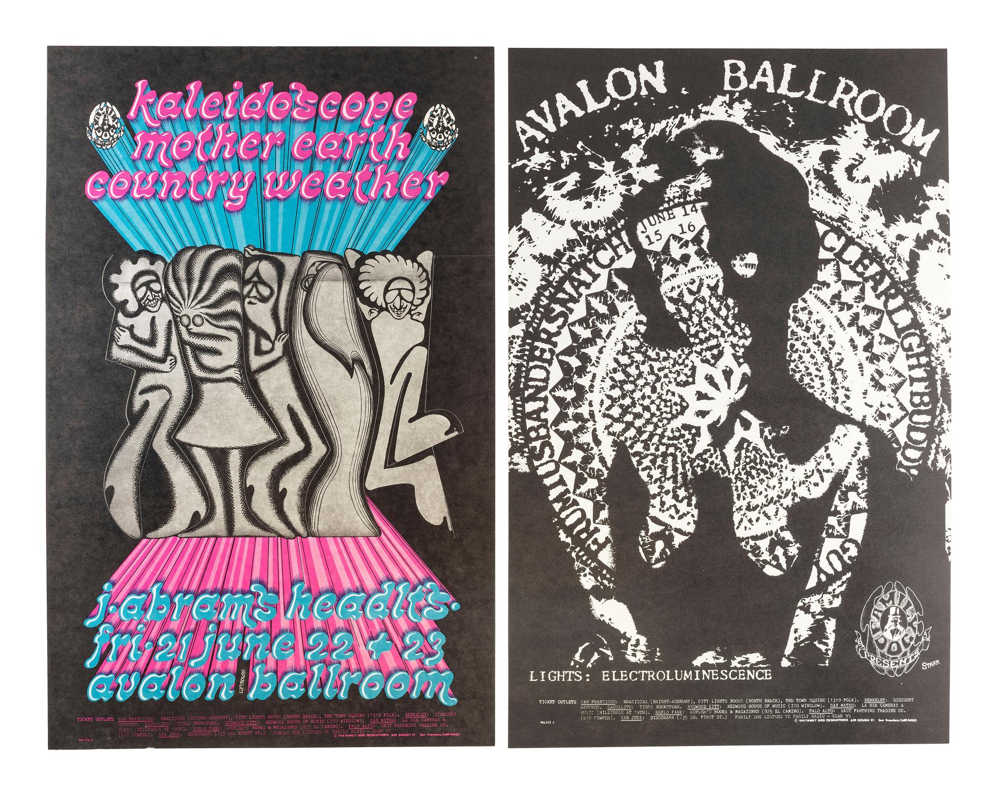 [MUSIC] -- [POSTERS]. LUNDGREN, Carl, SCHNEPF, Bob, HENRY, William S., THOMPSON, John, artists. A group of 8 Family Dog posters from 1968, comprising: