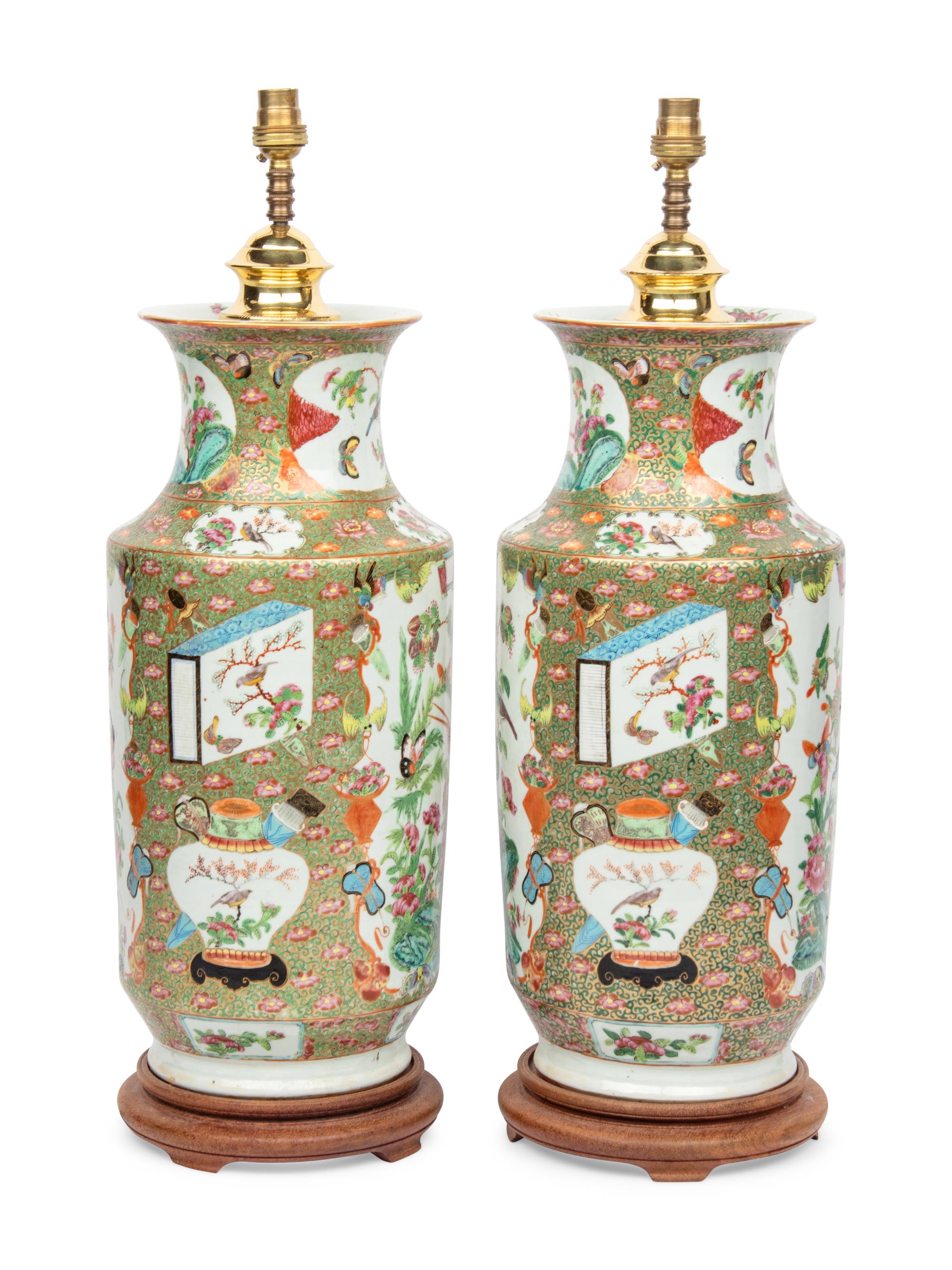 A Pair of Chinese Export Famille Rose Vases Mounted as Lamps