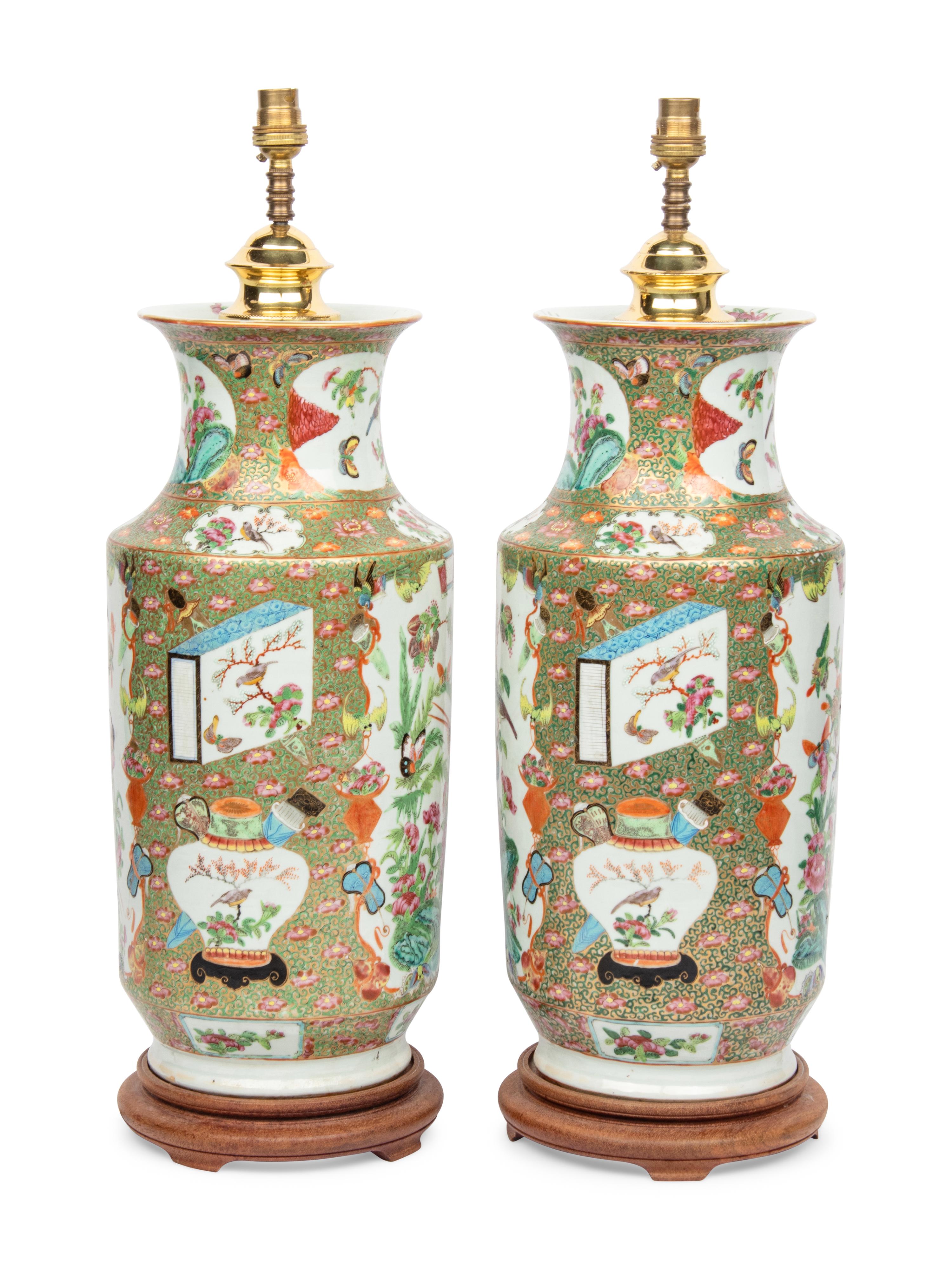 A Pair of Chinese Export Famille Rose Vases Mounted as Lamps