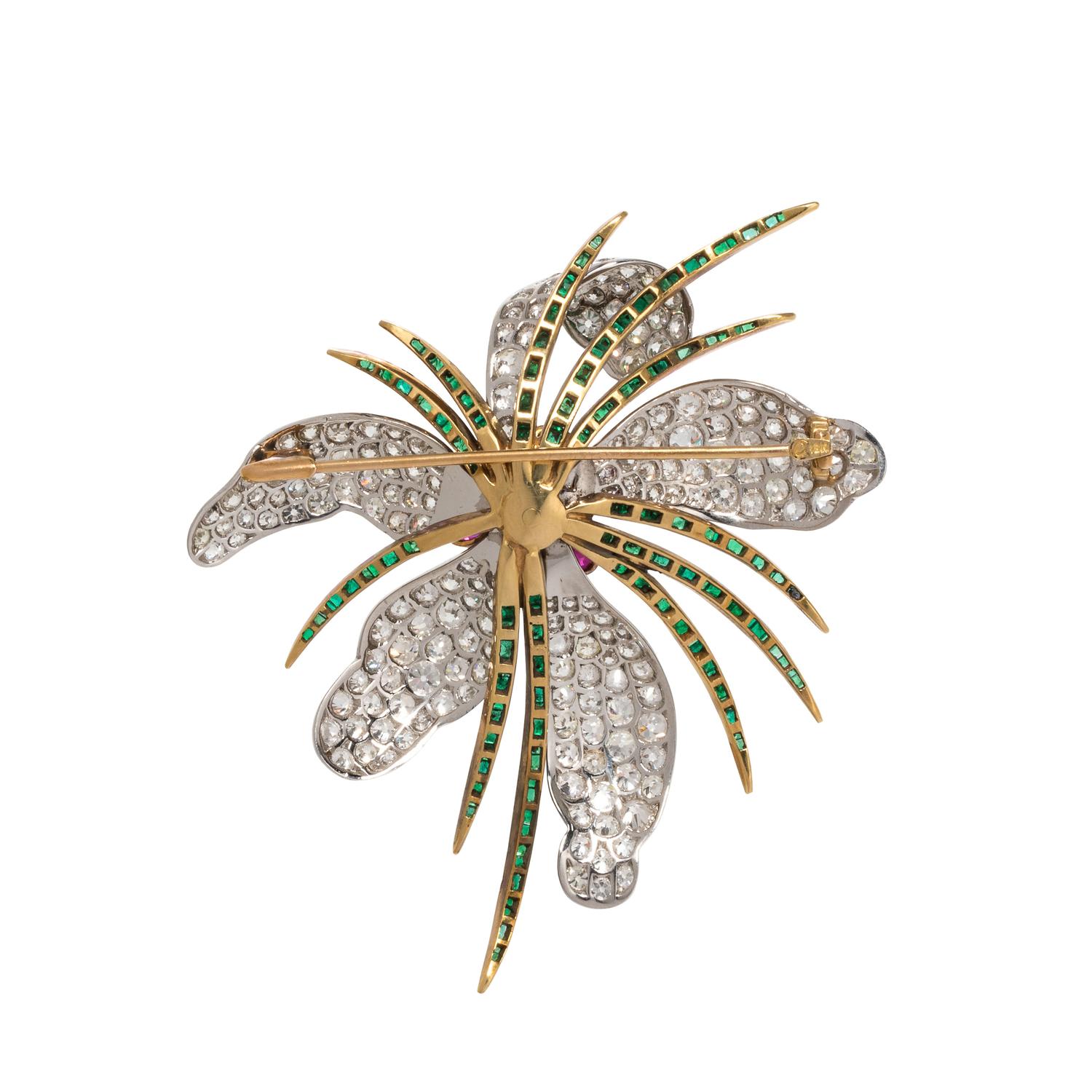 EVELYN CLOTHIER, DIAMOND, RUBY AND EMERALD FLOWER BROOCH
