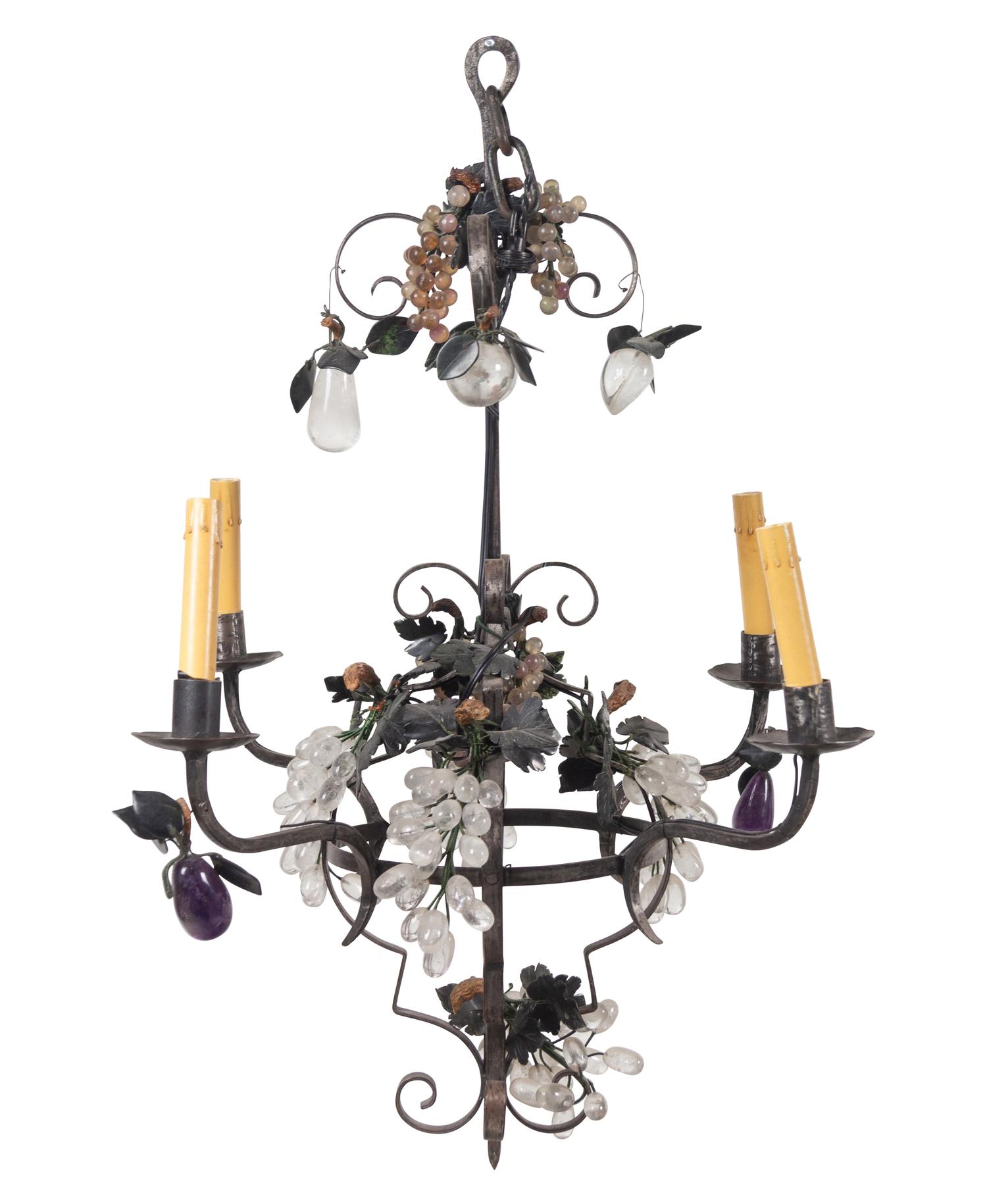 A Continental Wrought Steel and Rock Crystal Four-Light Chandelier
