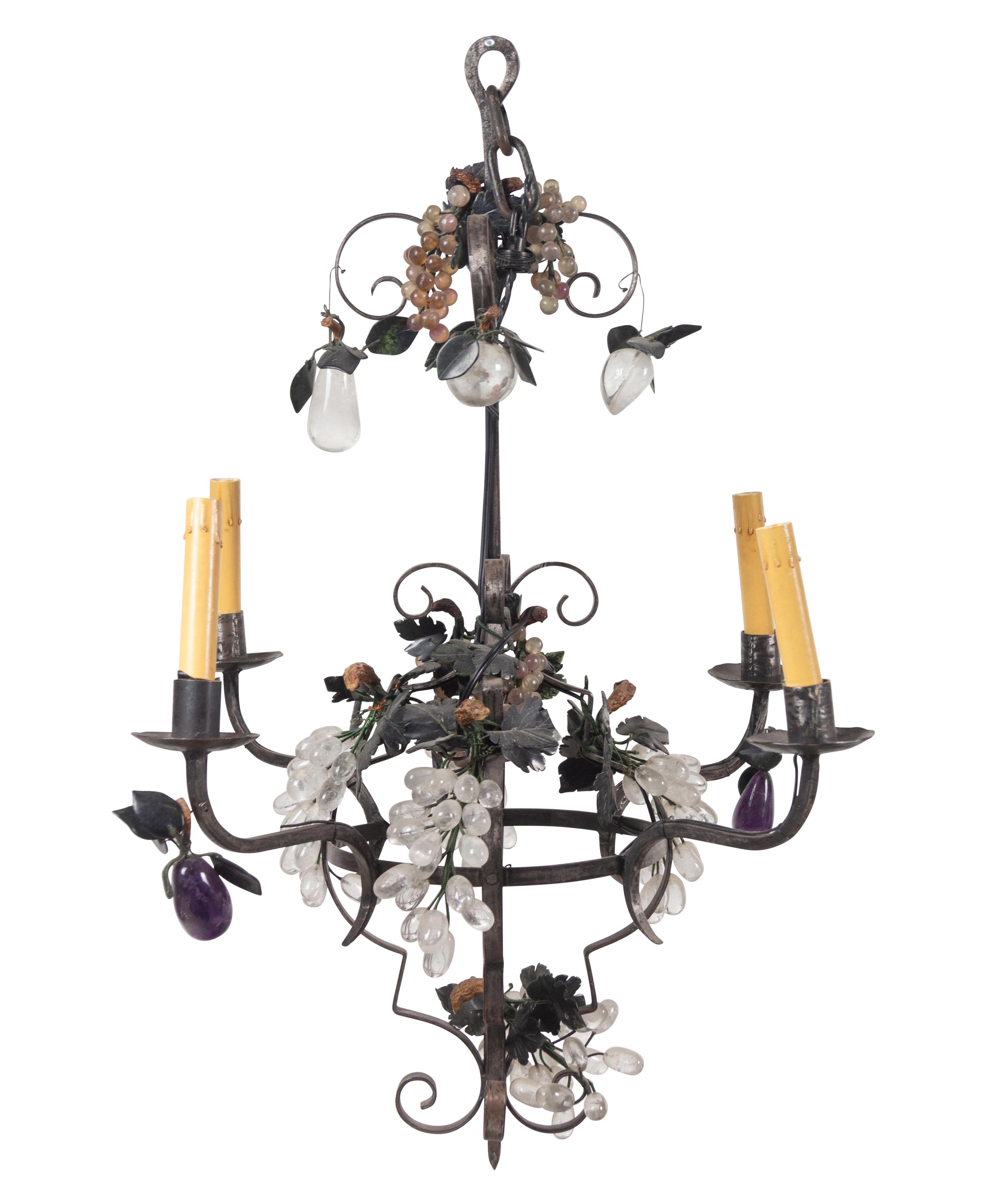 A Continental Wrought Steel and Rock Crystal Four-Light Chandelier
