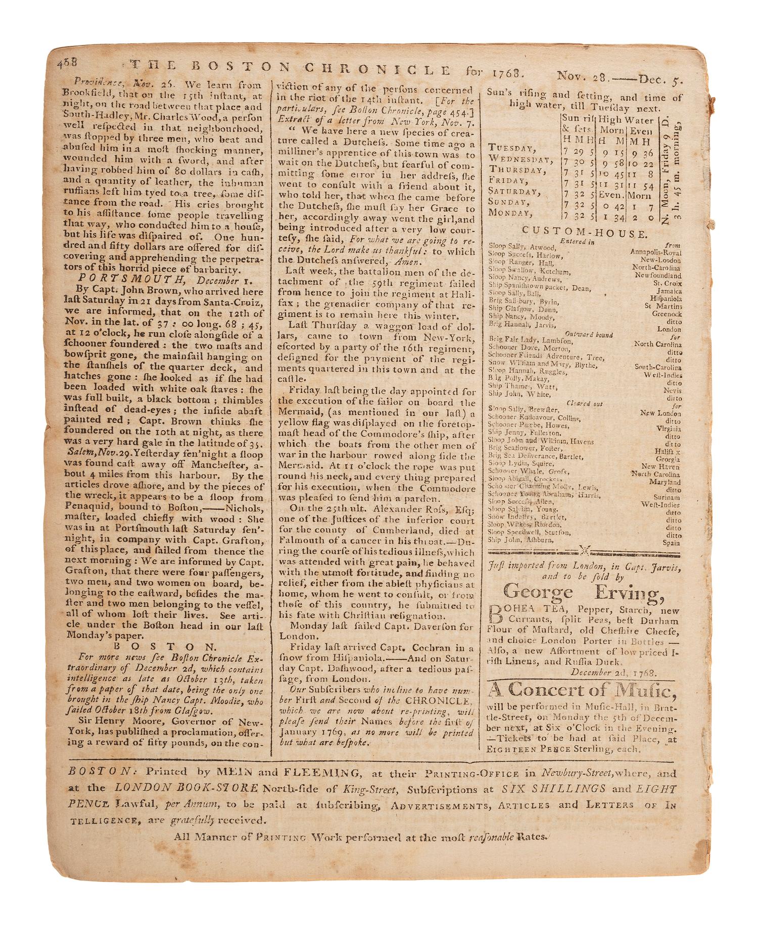 [PRE-REVOLUTIONARY WAR]. The Boston Chronicle . Vol. I, No. 51. Boston, MA: Mein and Fleeming, 5 December 1768.