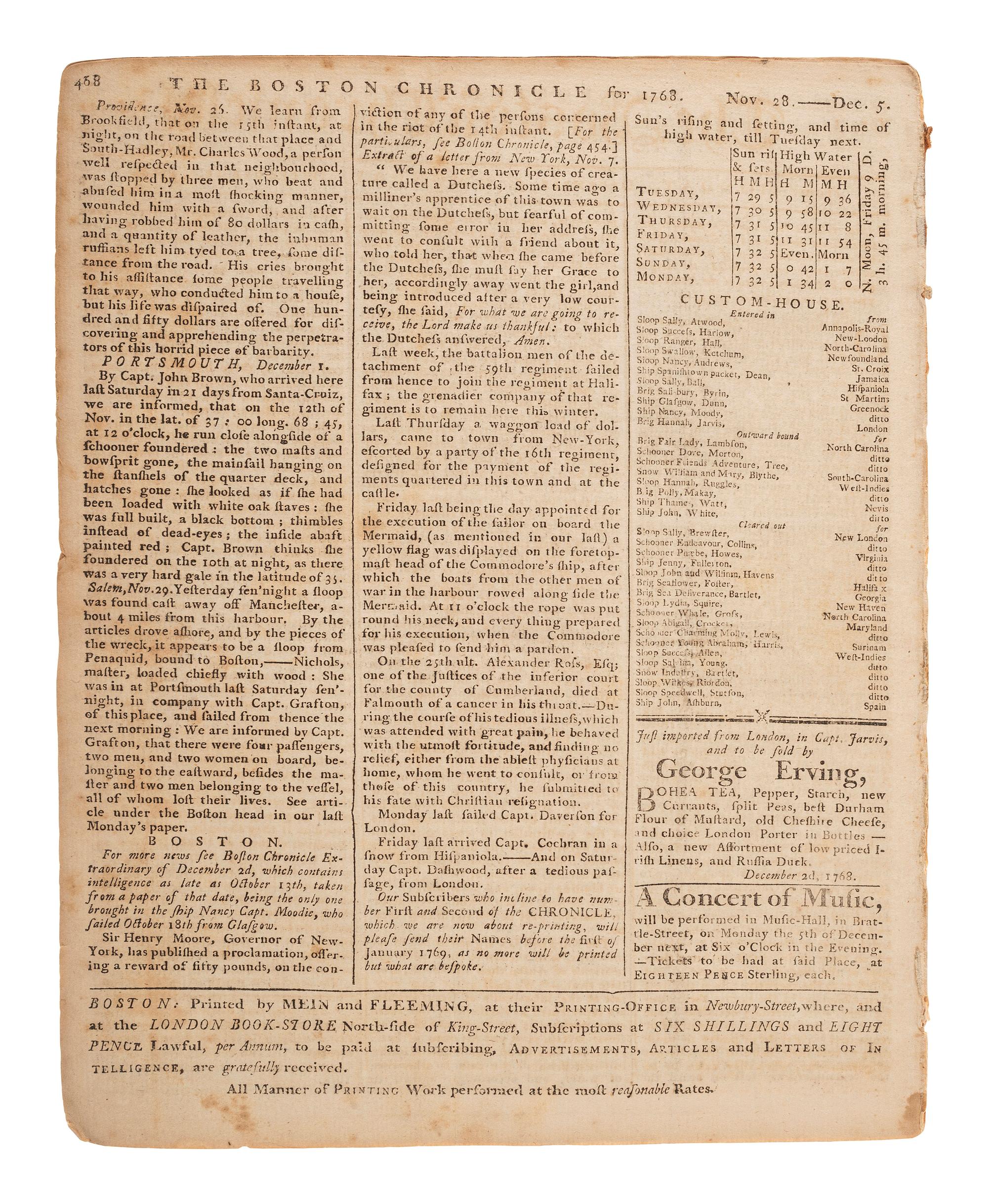 [PRE-REVOLUTIONARY WAR]. The Boston Chronicle . Vol. I, No. 51. Boston, MA: Mein and Fleeming, 5 December 1768.