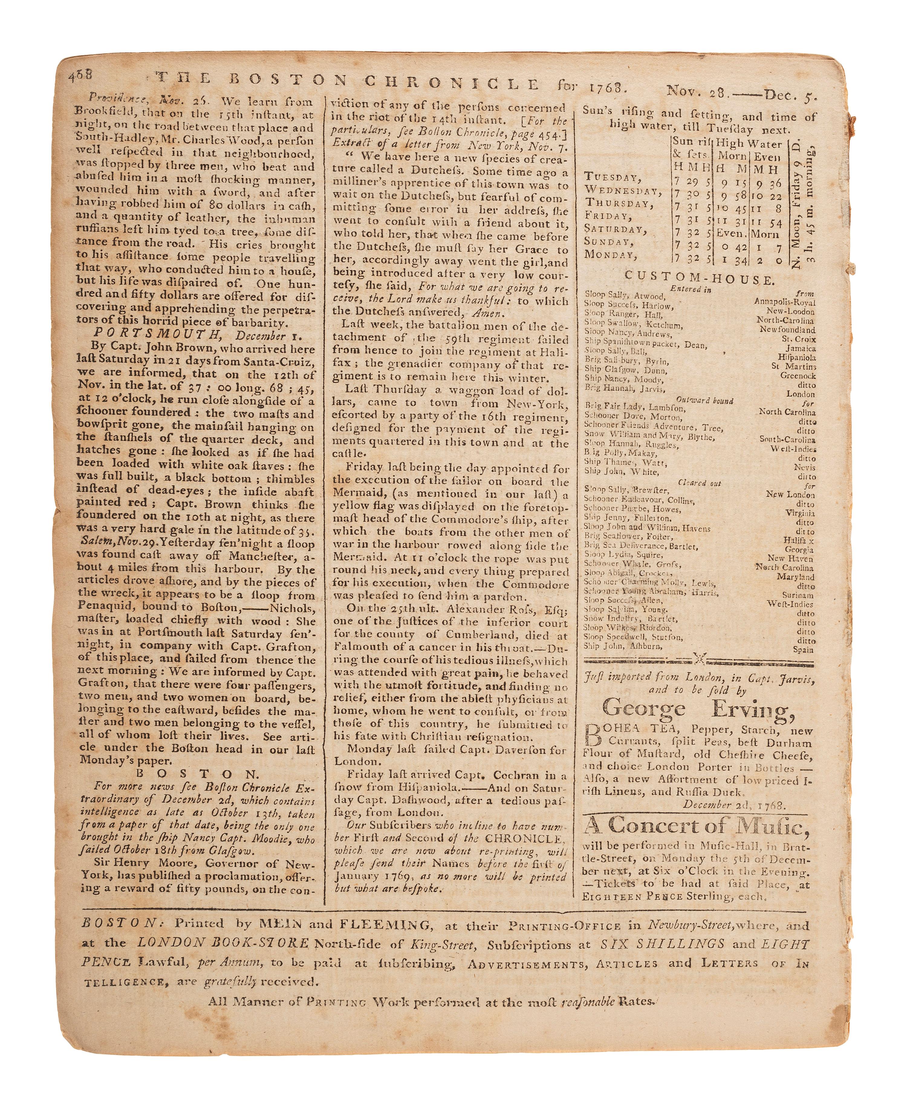 [PRE-REVOLUTIONARY WAR]. The Boston Chronicle . Vol. I, No. 51. Boston, MA: Mein and Fleeming, 5 December 1768.