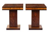 A Pair of Art Deco Burl Walnut and Lacquer Side Tables