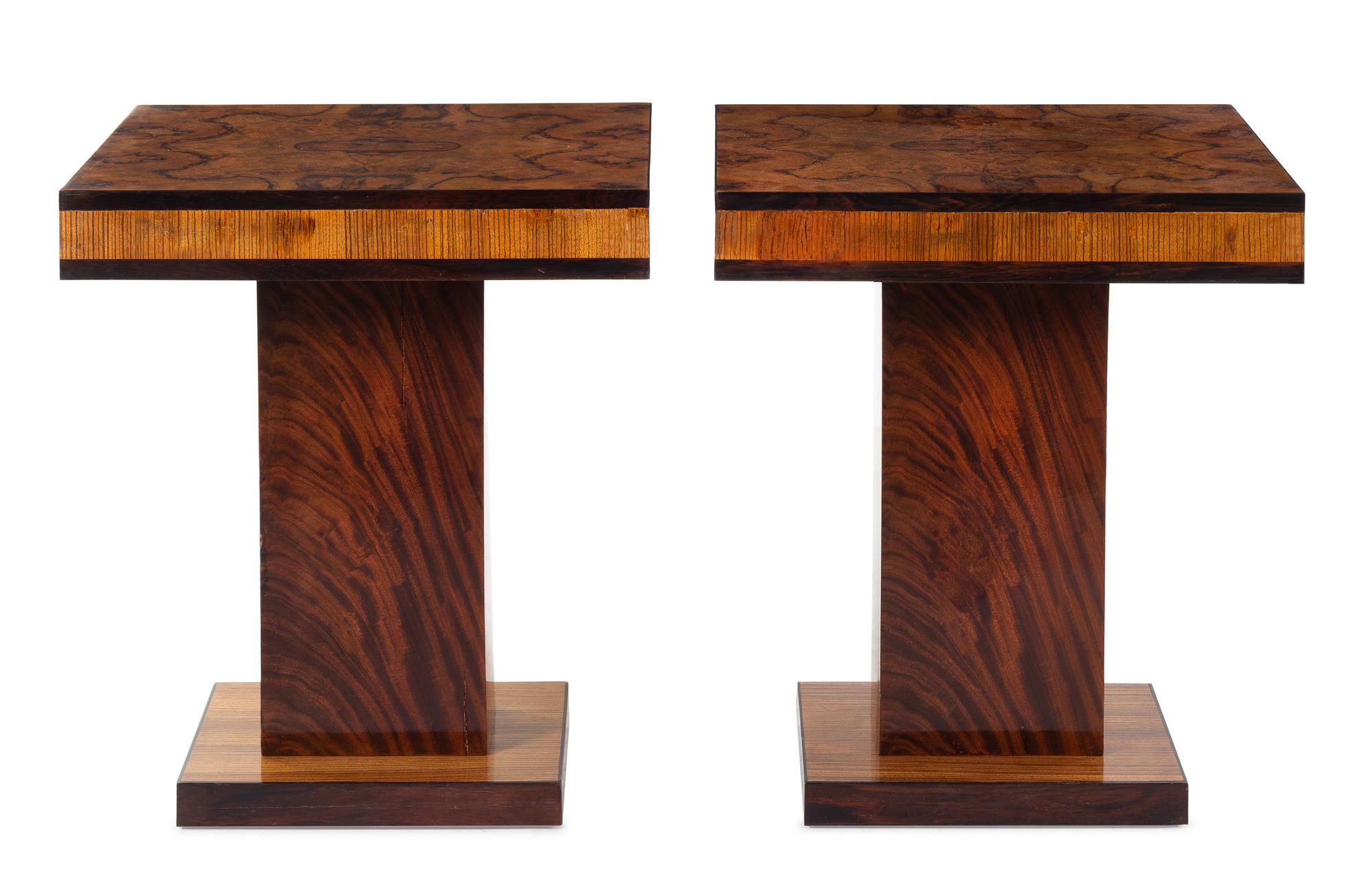 A Pair of Art Deco Burl Walnut and Lacquer Side Tables