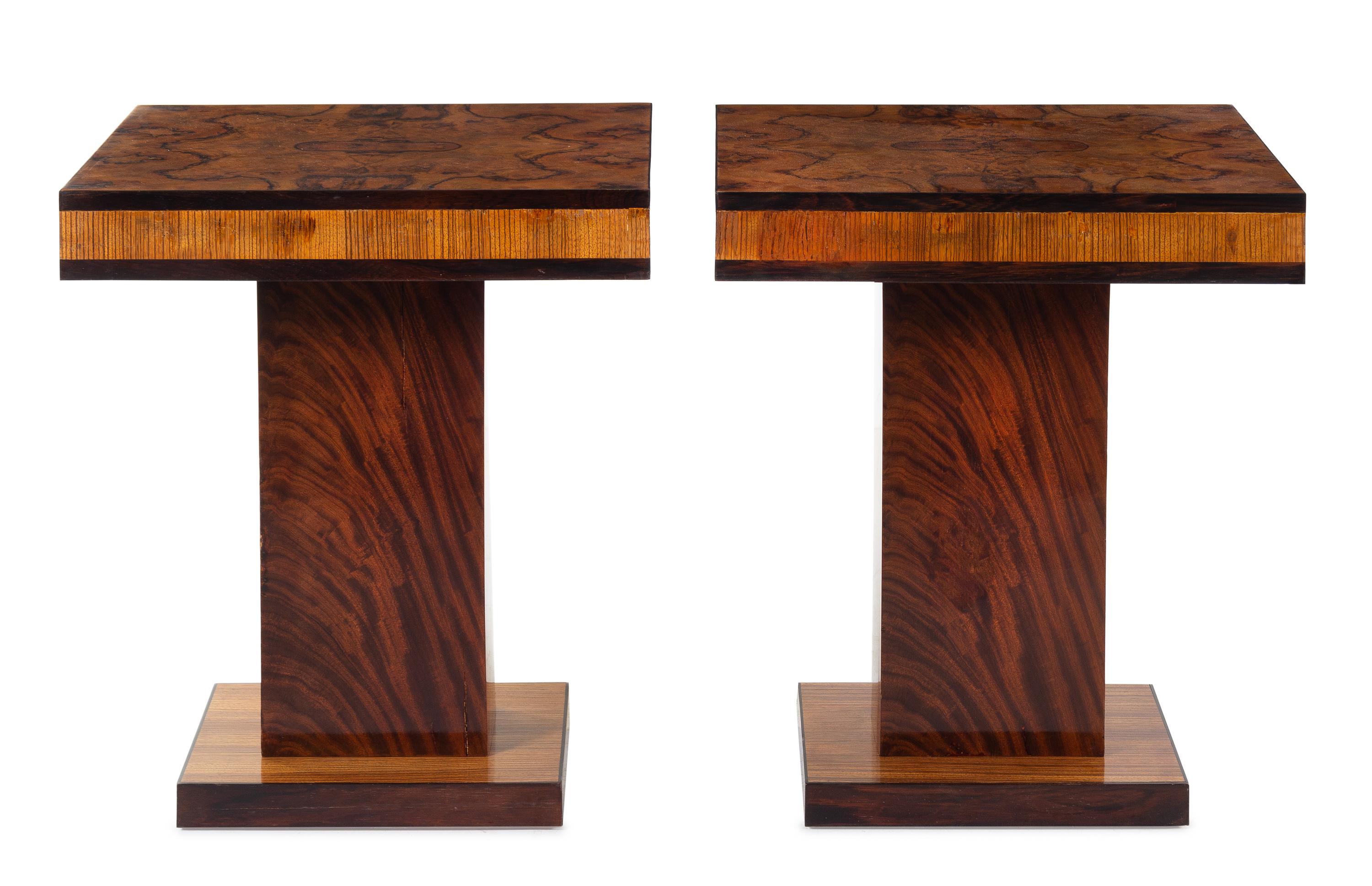 A Pair of Art Deco Burl Walnut and Lacquer Side Tables