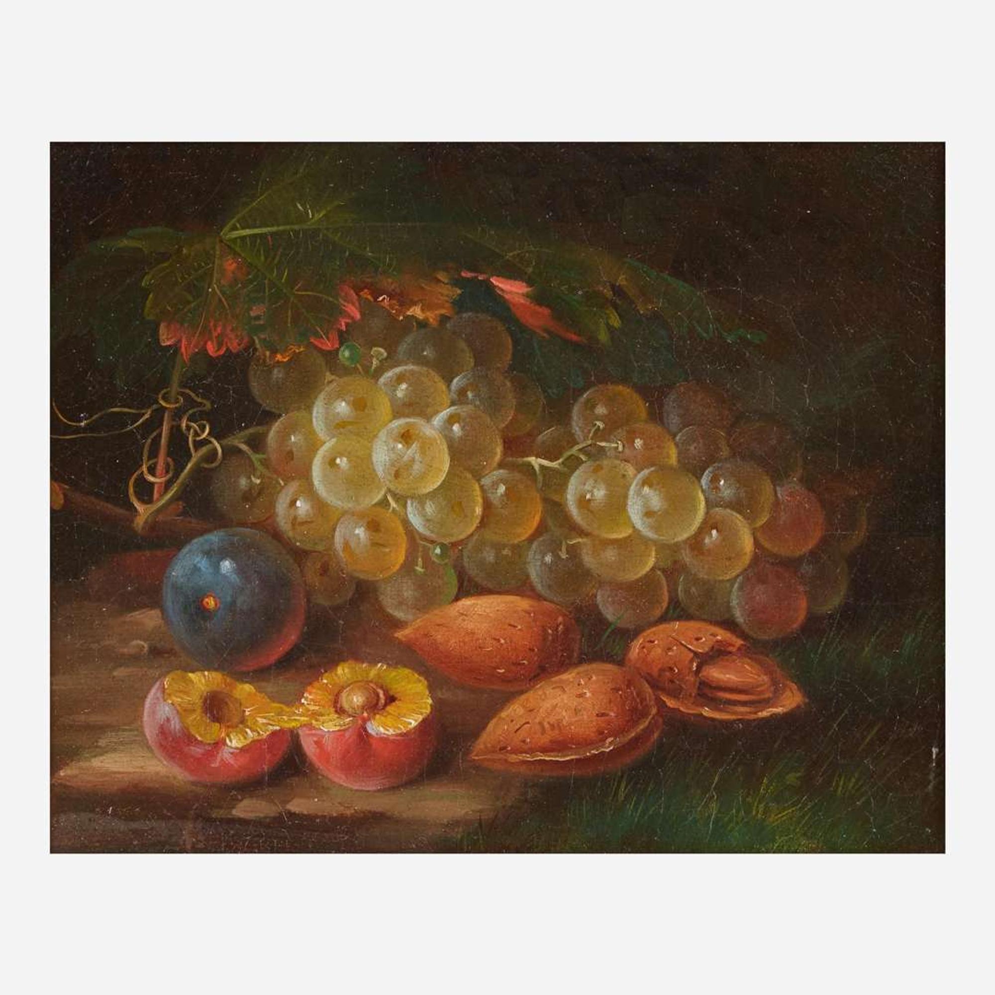 George Forster (American, 1817–1896) Still Life with Grapes, Plums, and Almonds in a Landscape