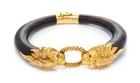 A 18 Karat Yellow Gold, Buffalo Horn and Ruby Bangle Bracelet, Gay Freres, 25.30 dwts.