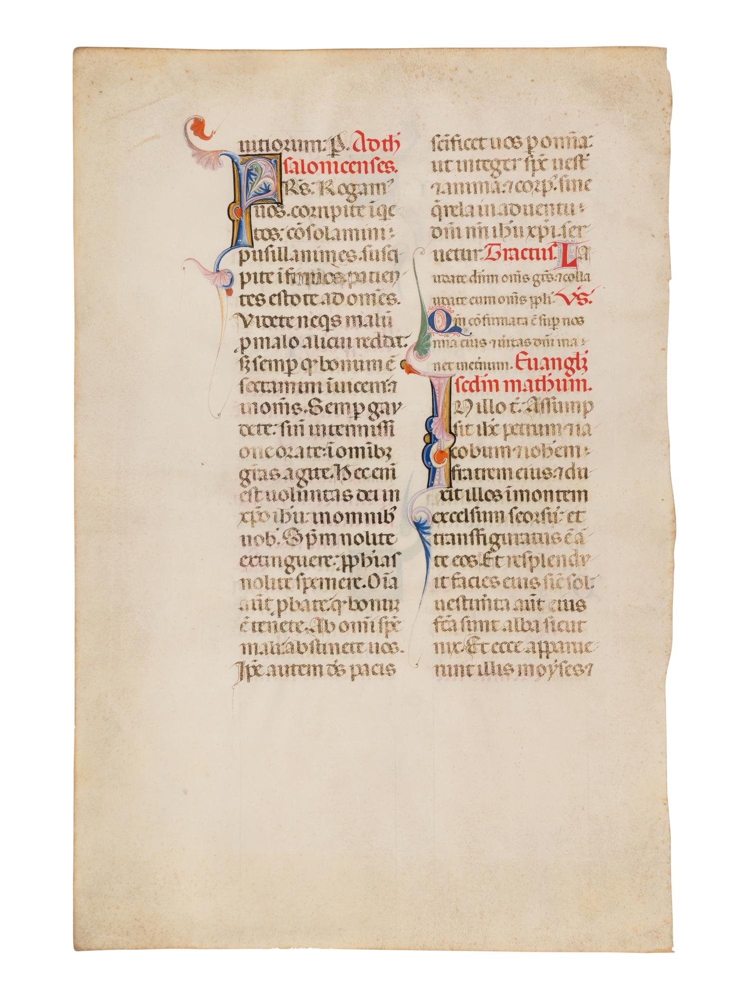 PERUGIAN ILLUMINATOR (“MAESTRO DELLE FOGLIE HINDMAN”), (active Perugia, late thirteenth century) A leaf from a Missal, in Latin, illuminated manuscript on parchment [Italy, Perugia, c. 1280-1300]