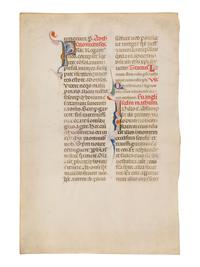PERUGIAN ILLUMINATOR (“MAESTRO DELLE FOGLIE HINDMAN”), (active Perugia, late thirteenth century) A leaf from a Missal, in Latin, illuminated manuscript on parchment [Italy, Perugia, c. 1280-1300]
