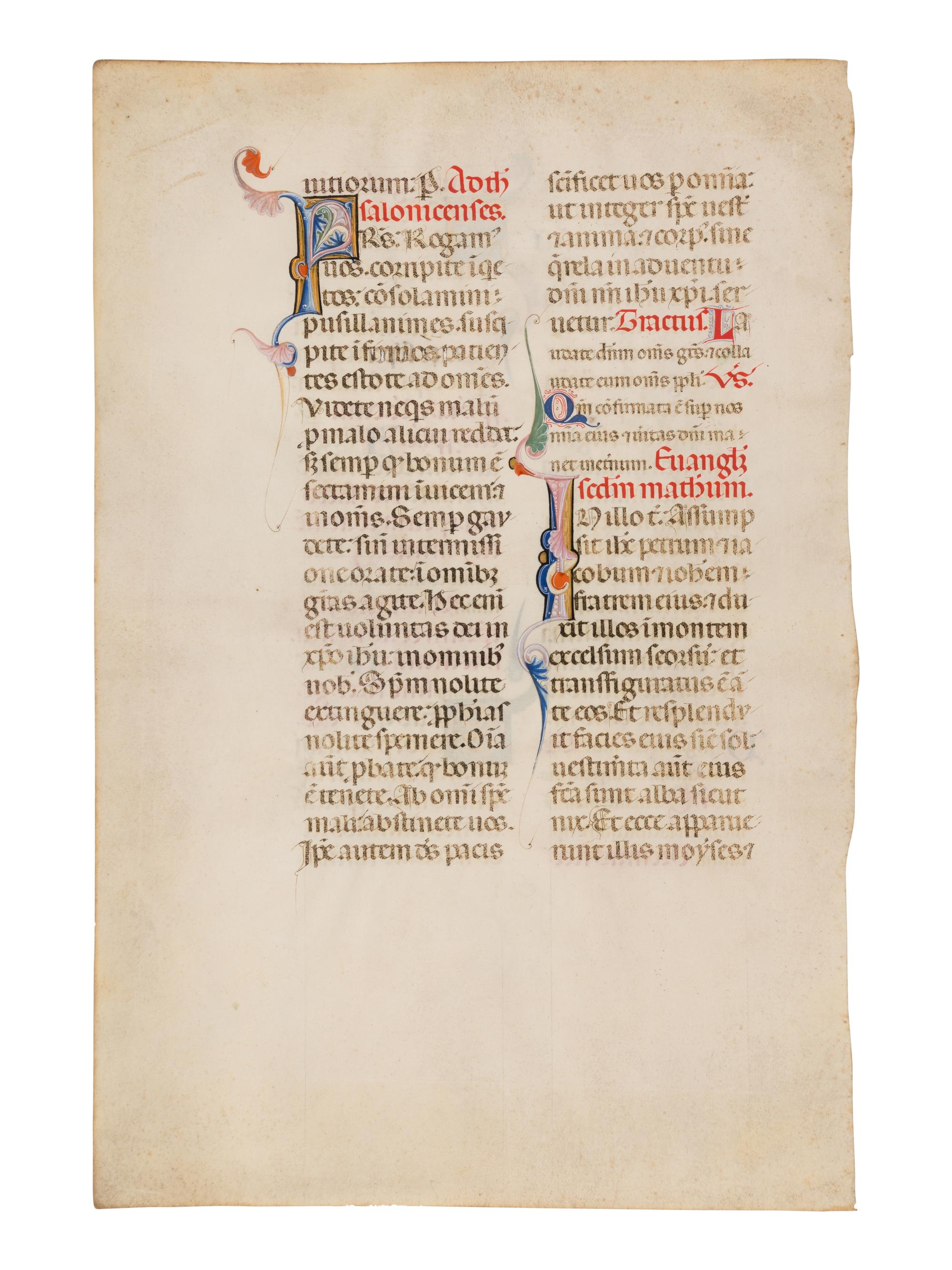 PERUGIAN ILLUMINATOR (“MAESTRO DELLE FOGLIE HINDMAN”), (active Perugia, late thirteenth century) A leaf from a Missal, in Latin, illuminated manuscript on parchment [Italy, Perugia, c. 1280-1300]