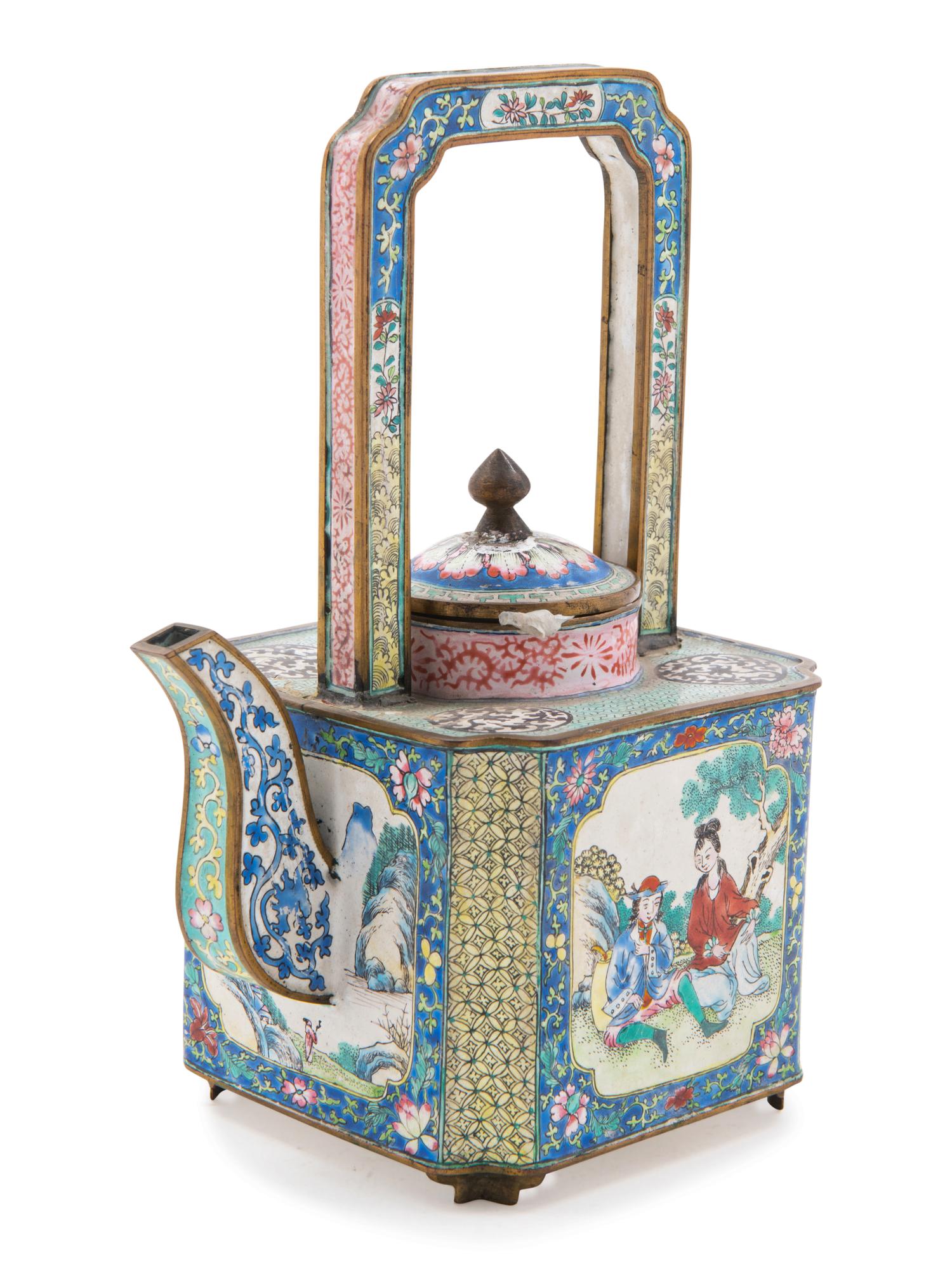 A Canton Painted Enamel on Copper Teapot