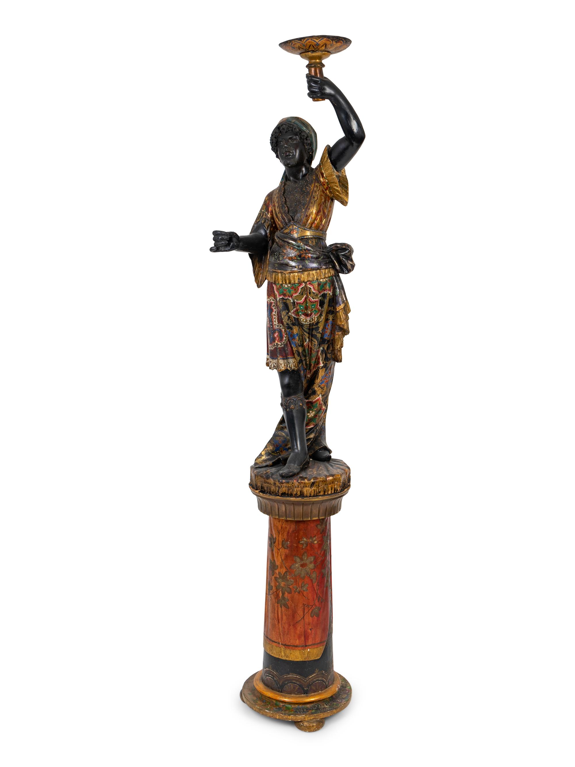 An Italian Carved and Painted Torchere of a Moor on a Pedestal Base — 19TH CENTURY