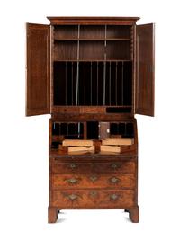 A George II Burl Walnut Slant Front Secretary Bookcase