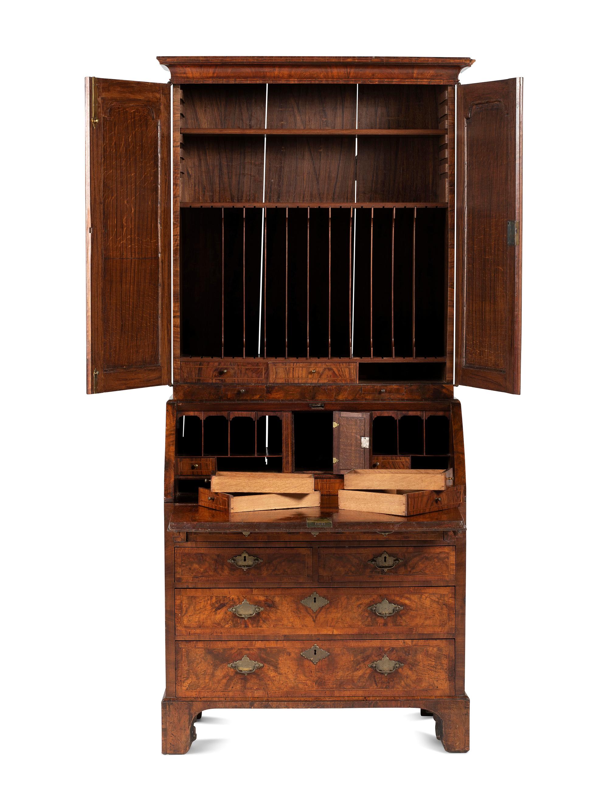 A George II Burl Walnut Slant Front Secretary Bookcase