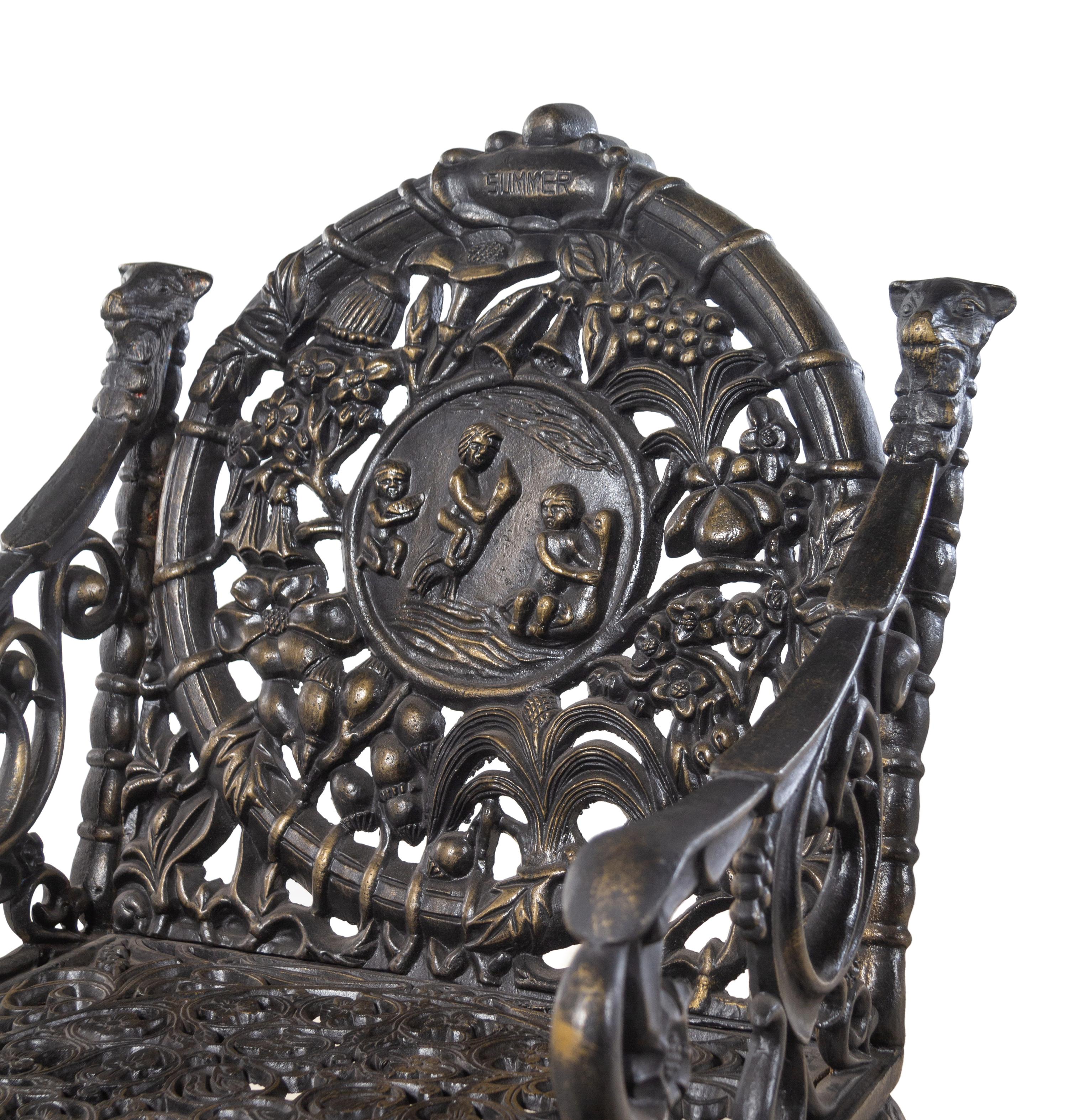 A Suite of Victorian Style Cast Iron Garden Furniture Allegorical of the Seasons