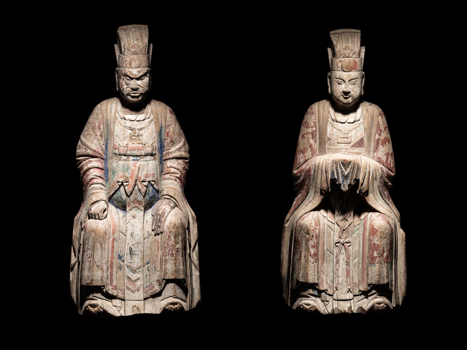Two Large Carved Wood Figures of Seated Daoist Immortals