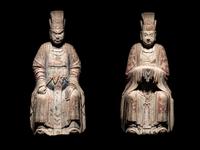 Two Large Carved Wood Figures of Seated Daoist Immortals