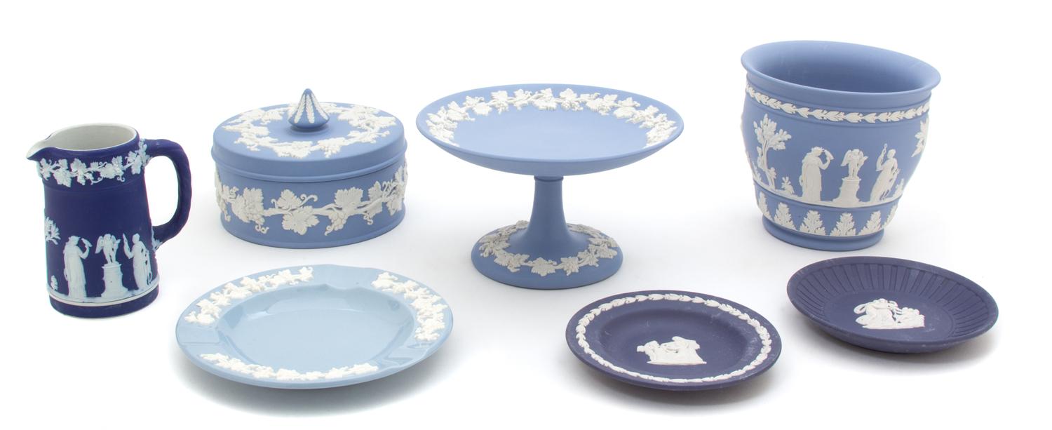 A Group of Blue Wedgwood Jasper Ware Height of tallest 4 1/2 inches. — 20TH CENTURY