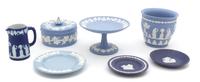 A Group of Blue Wedgwood Jasper Ware Height of tallest 4 1/2 inches. — 20TH CENTURY