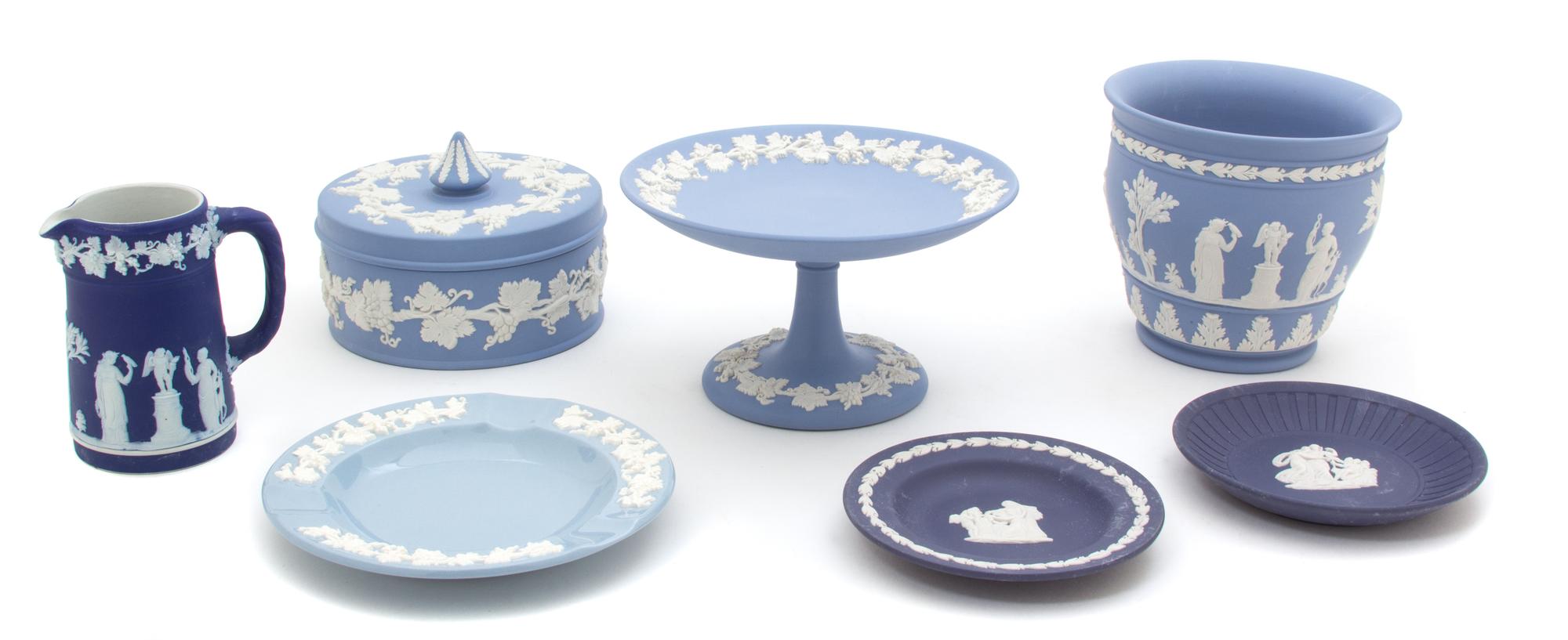 A Group of Blue Wedgwood Jasper Ware Height of tallest 4 1/2 inches. — 20TH CENTURY