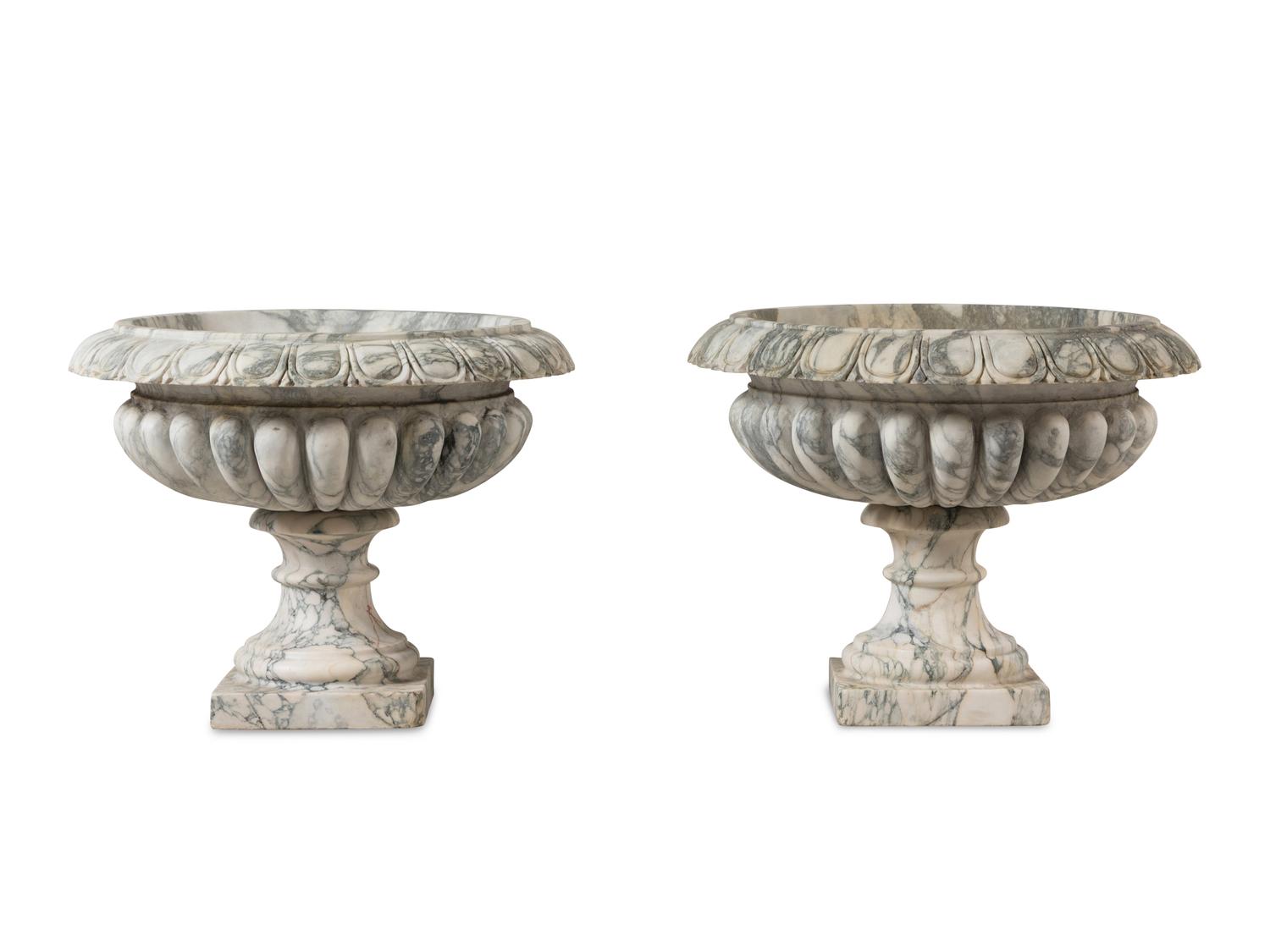 A Pair of Neoclassical Style White and Grey Veined Marble Jardinières