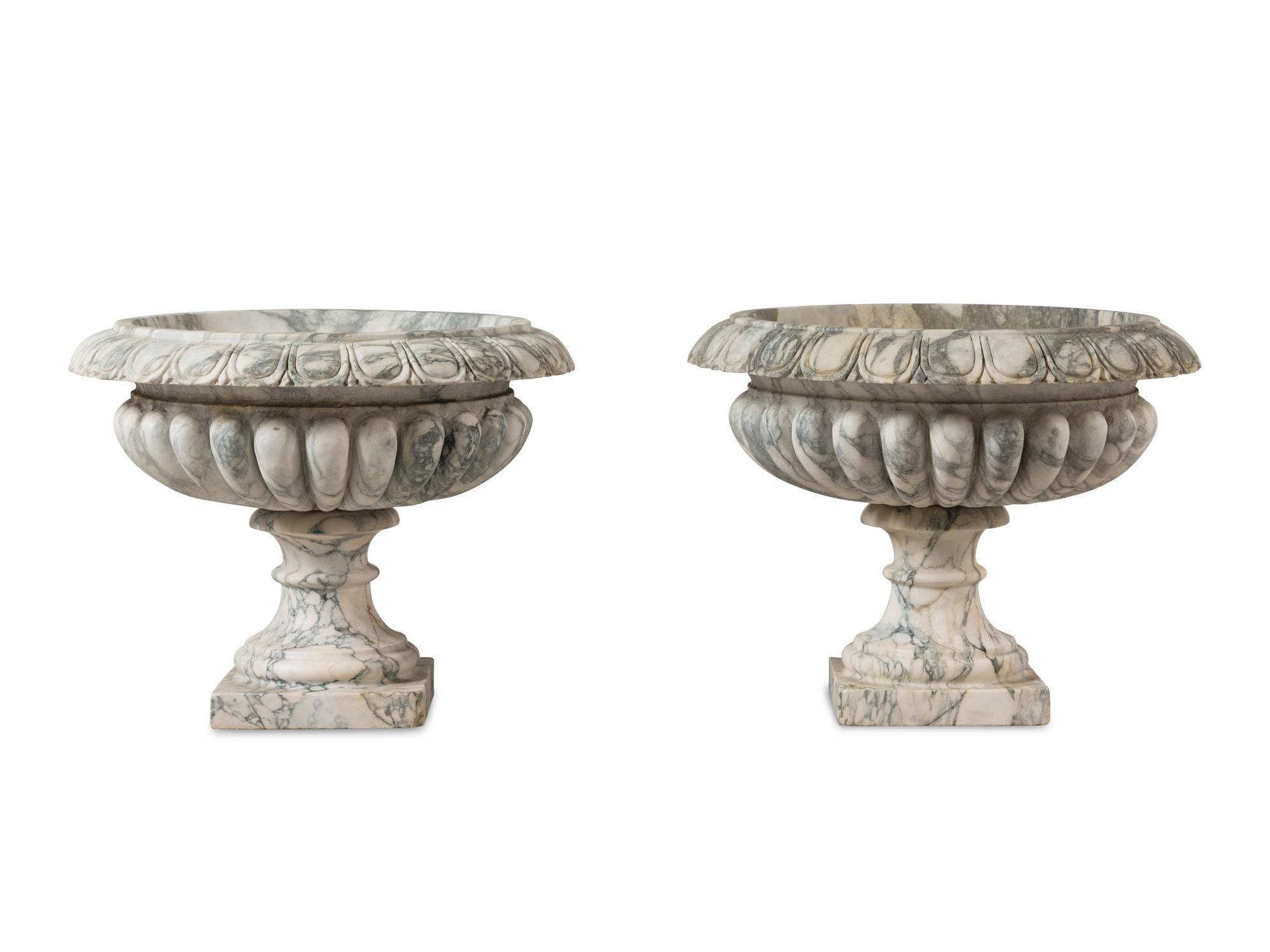 A Pair of Neoclassical Style White and Grey Veined Marble Jardinières