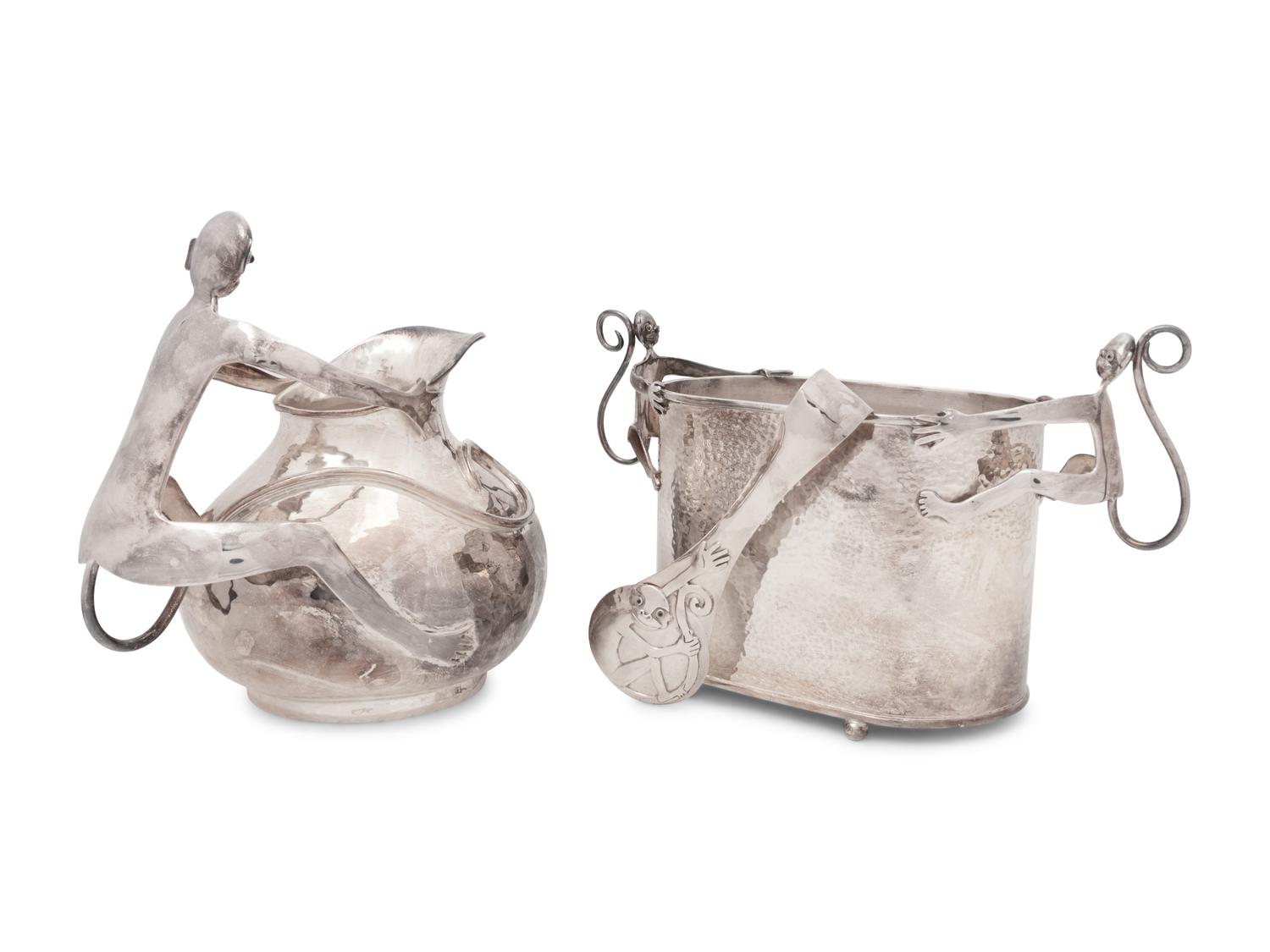 An Emilia Castillo Silver-Plate and Hardstone Inset Water Pitcher and Jardinière