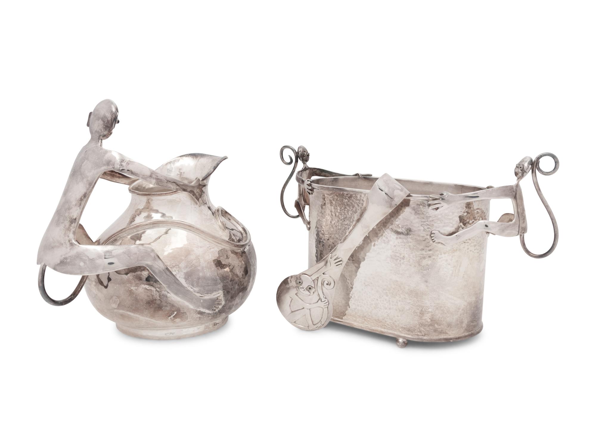 An Emilia Castillo Silver-Plate and Hardstone Inset Water Pitcher and Jardinière