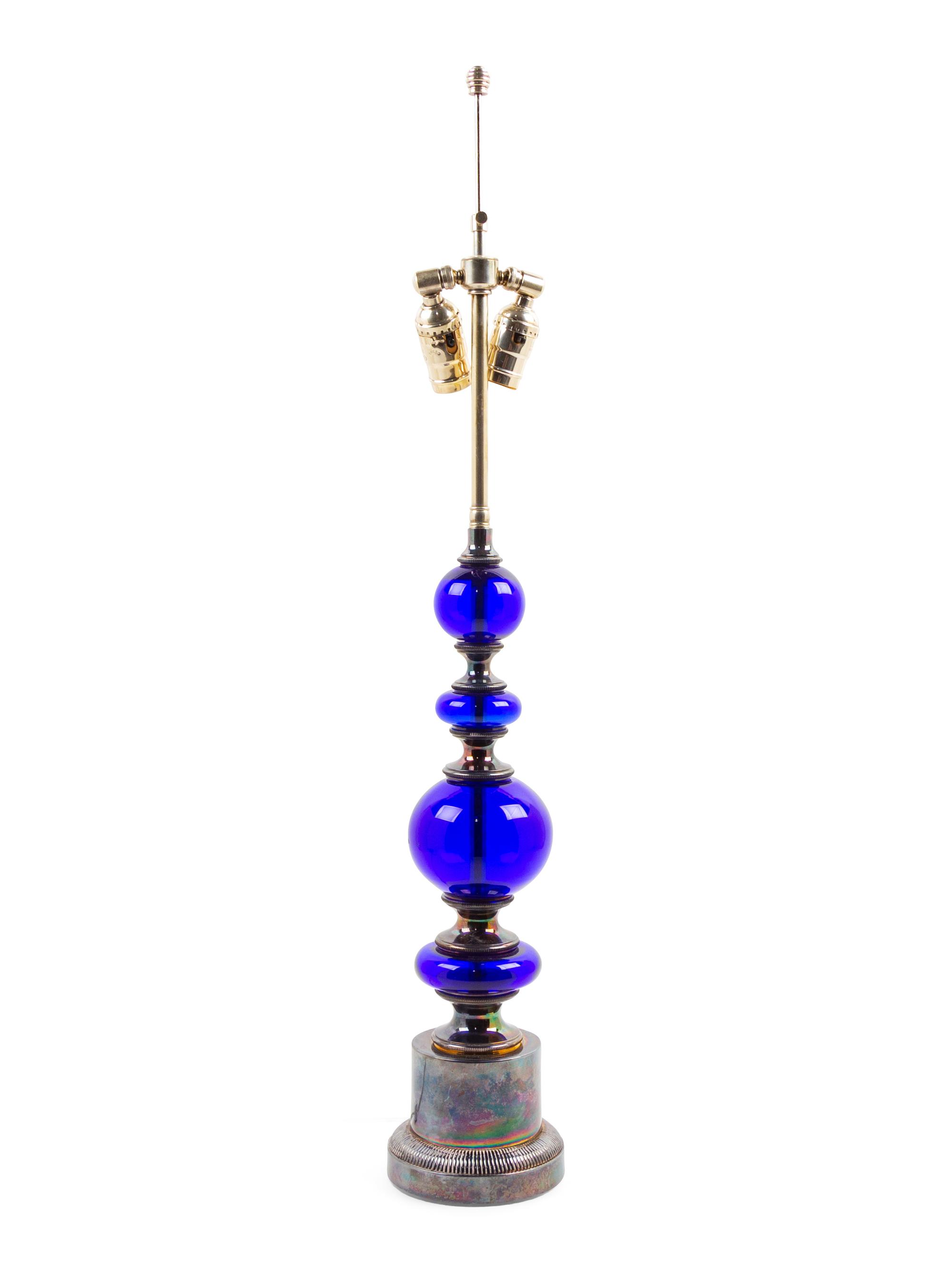A Silver-Plate and Cobalt Glass Table Lamp