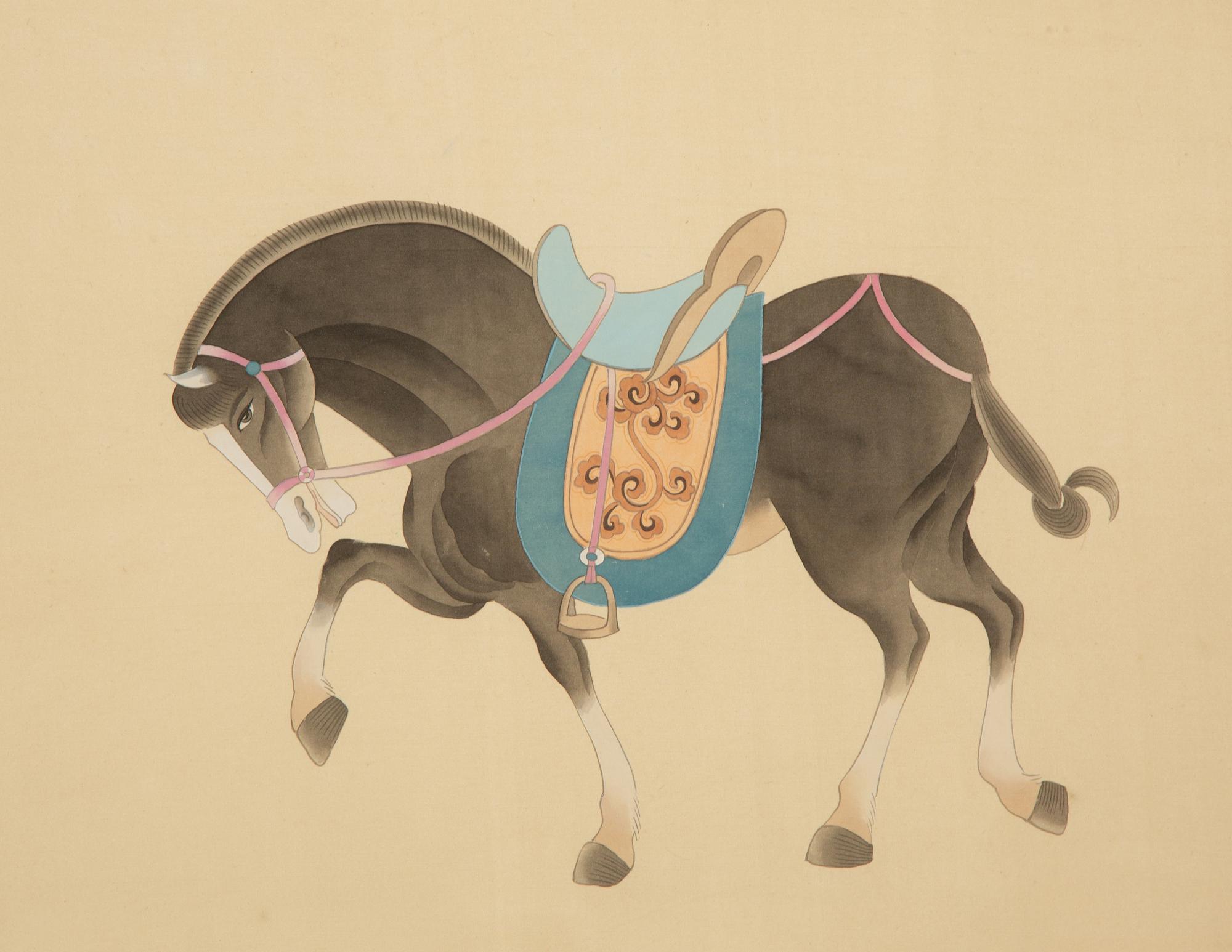 A Group of Four Chinese Gilt Framed Watercolors of Horses