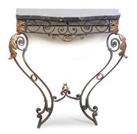 A Neoclassical Rolled Steel and Tole Console Table, Height 33 1/8 x width 29 1/2 x depth 14 inches.