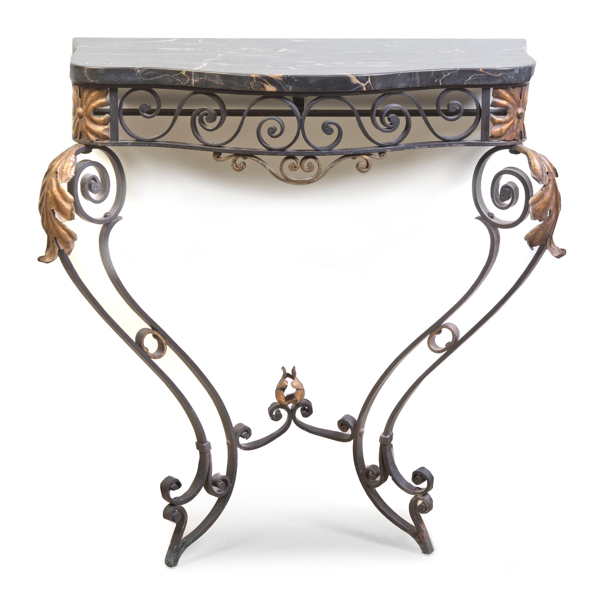 A Neoclassical Rolled Steel and Tole Console Table, Height 33 1/8 x width 29 1/2 x depth 14 inches.